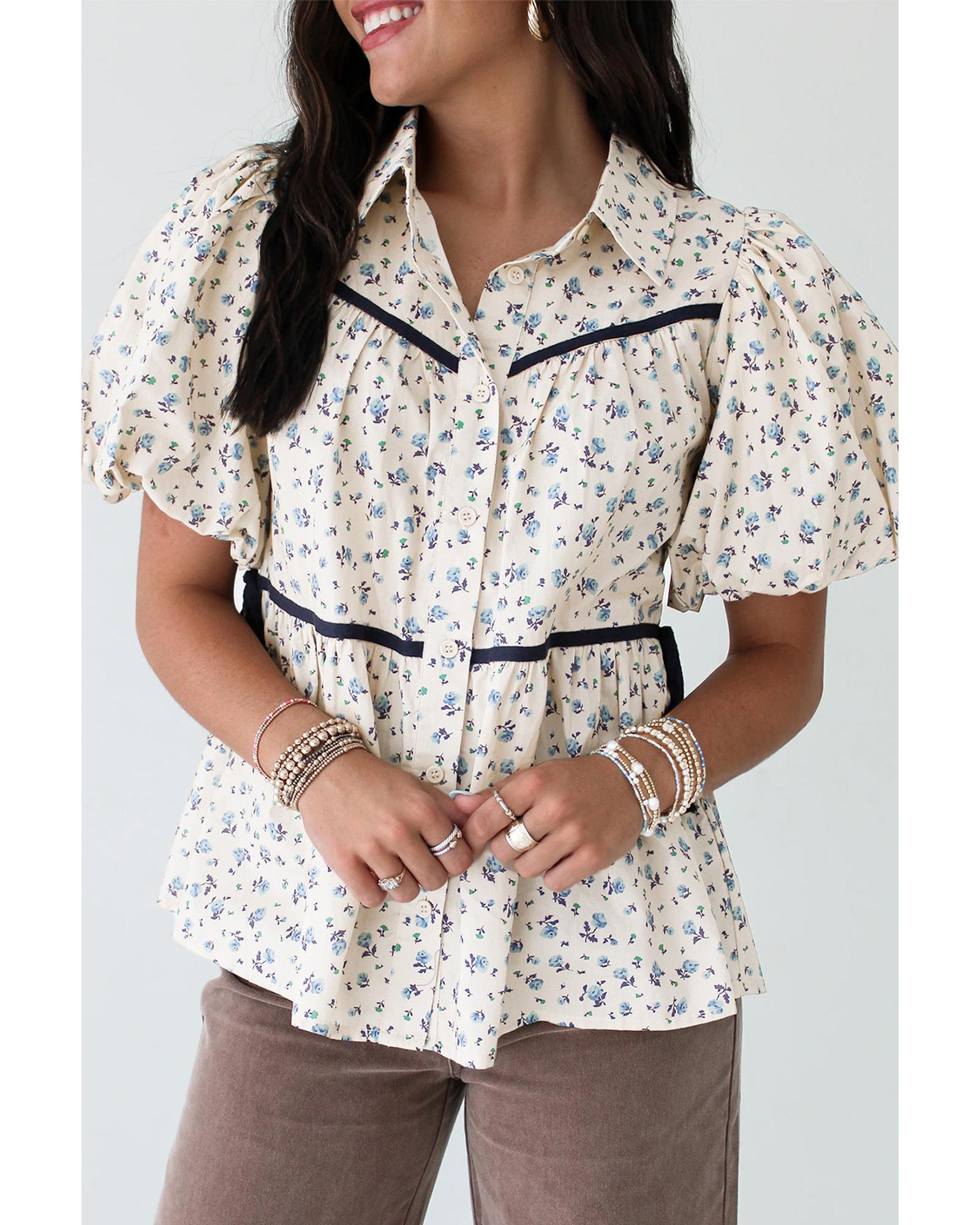 V539-AZEXDC2555984-P40120-M-202508280255-00 White Contrast Trim Floral Puff Short Sleeve Shirt - M - Image 1