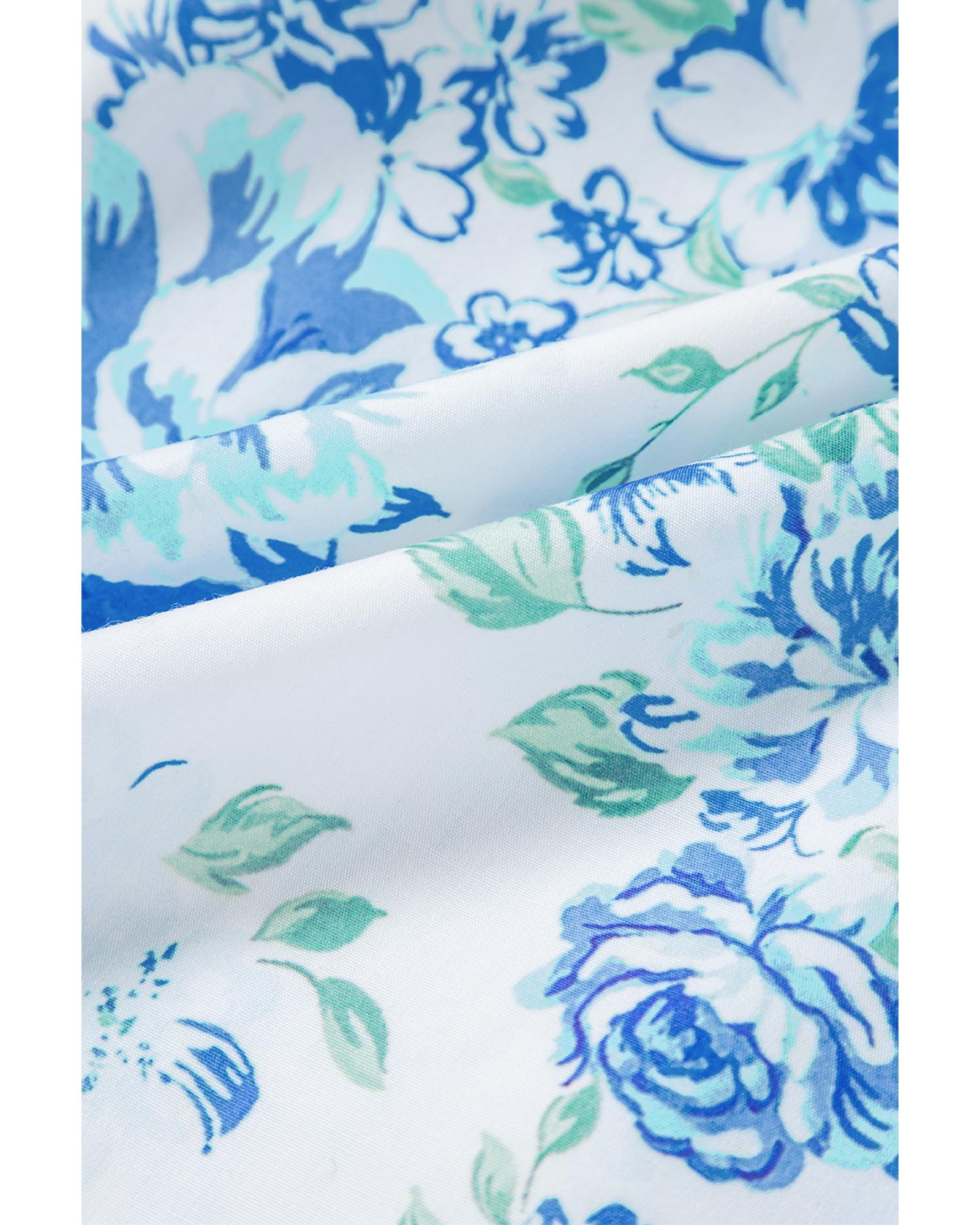 V539-AZEXDC2556080-P420-M-202508280305-00 Sky Blue Floral Print Ruffle Sleeve Frilly Button Up Shirt - M - Image 1