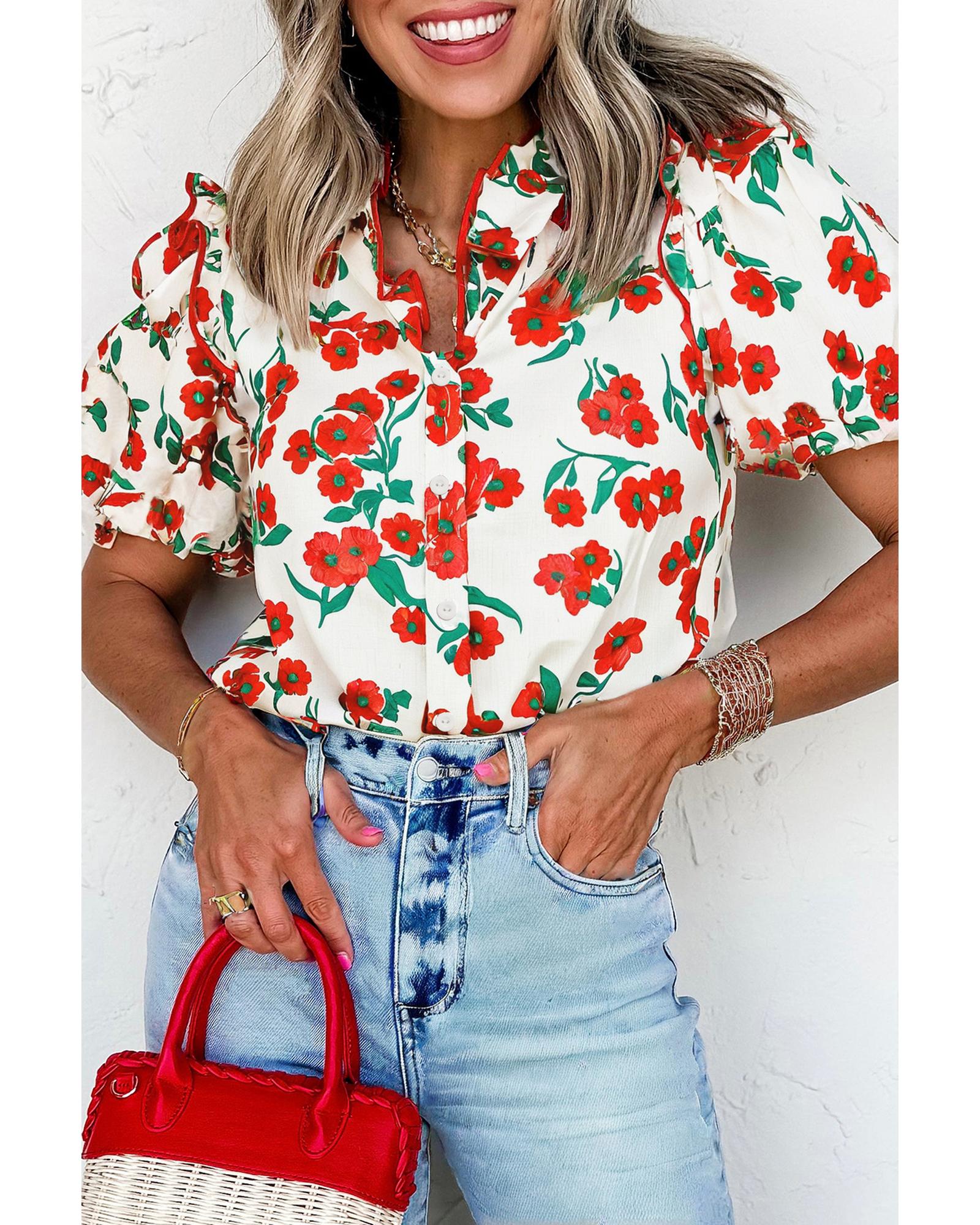 V539-AZEXDC2556375-P10320-S-202506131452-00 Red Floral Print Ruffled Puff Sleeve Elegant Summer Shirt - S - Image 1