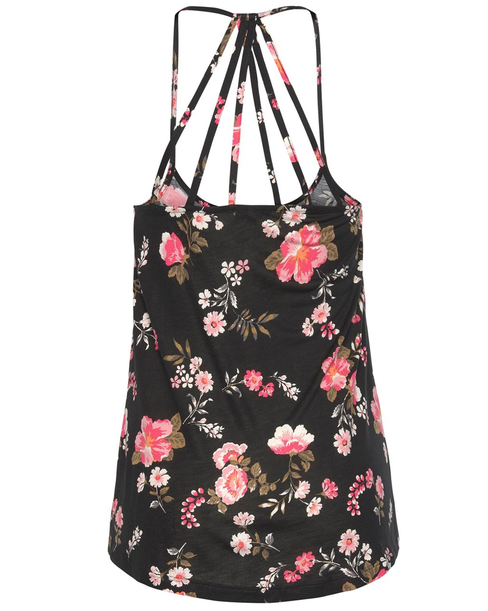 V539-AZEXDC25611336-P222-L-202508282235-00 Black Floral Spaghetti Straps Strappy Back Tank Top - L - Image 1
