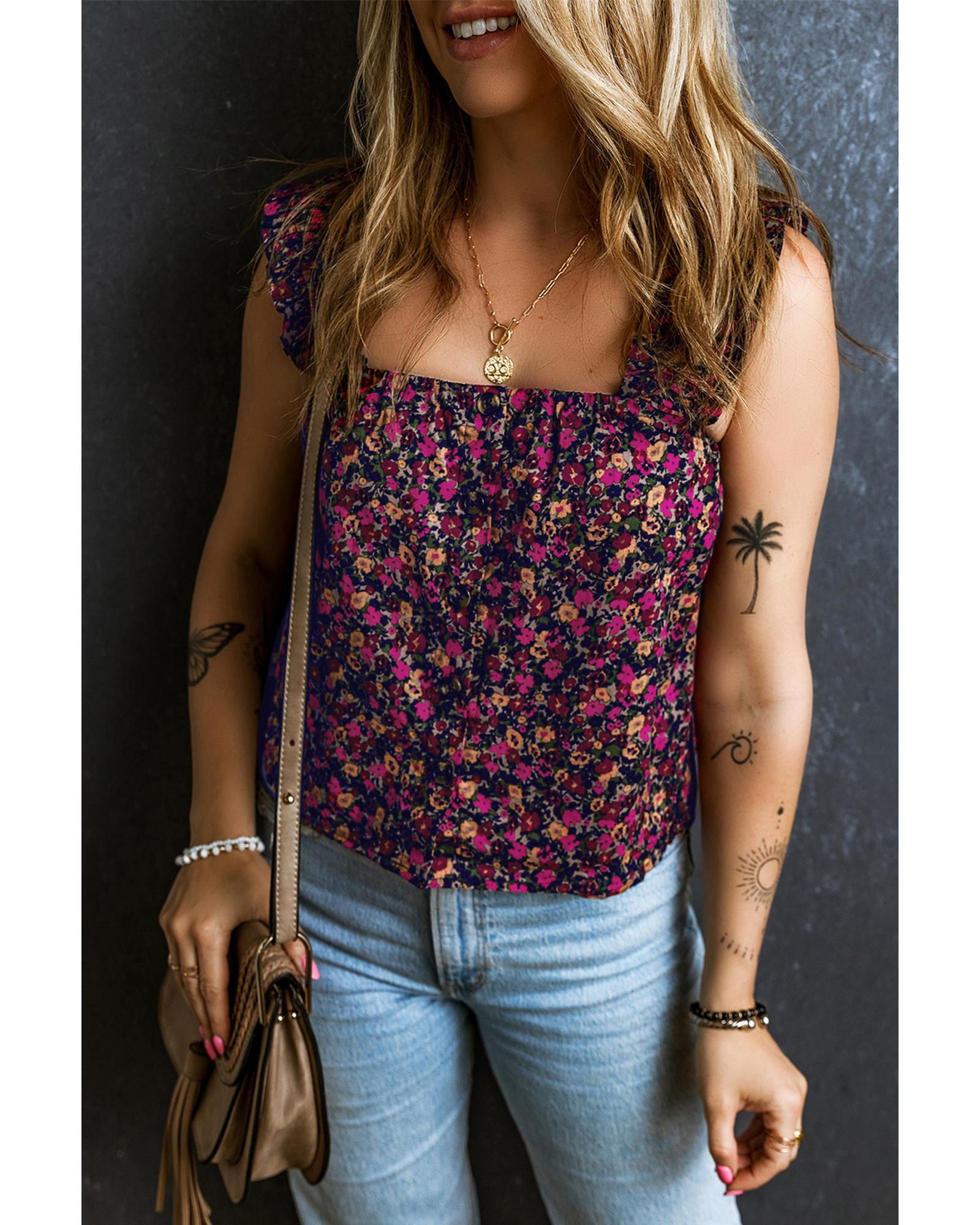 V539-AZEXDC25611681-P620-L-202508271355-00 Rose Boho Frilled Straps Floral Tank Top - L - Image 1