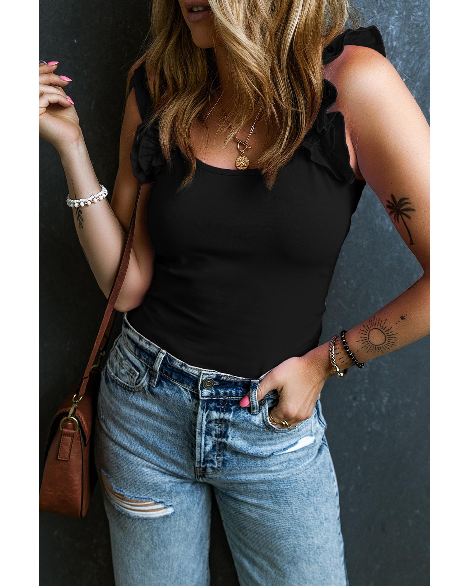 V539-AZEXDC25611683-P2-L-202508280715-00 Black Ruffled Wide Straps Slim Tank Top - L - Image 1