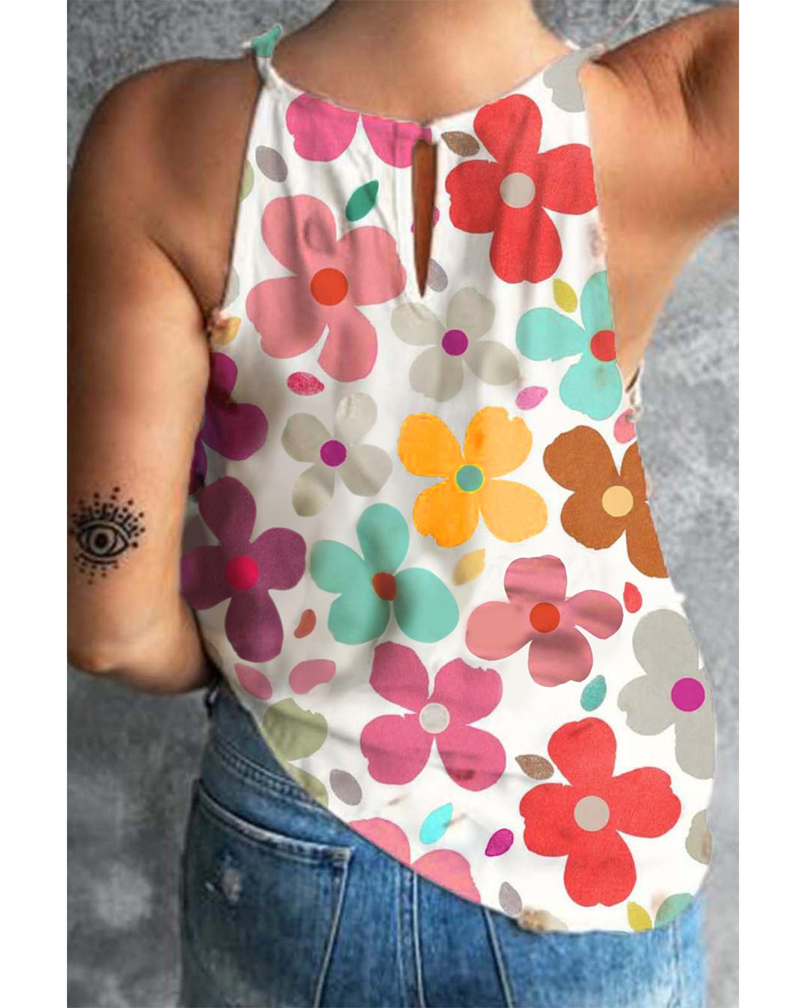 V539-AZEXDC25611928-P122-S-202506131311-00 White Cute Floral Print Vest - S - Image 1