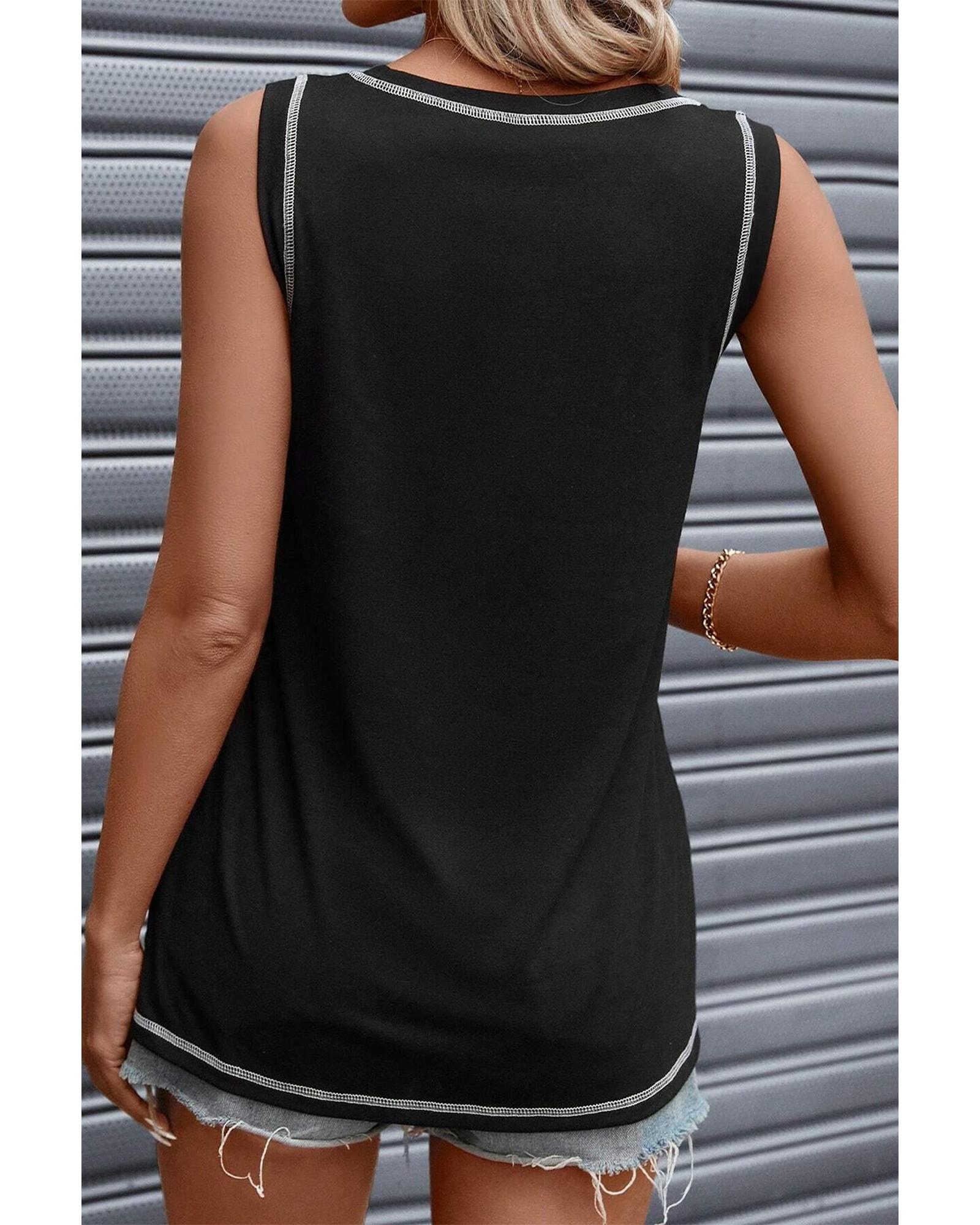 V539-AZEXDC25612132-P2-M-202508282110-00 Black Contrast Stitch Round Neck Sleeveless Top - M - Image 1