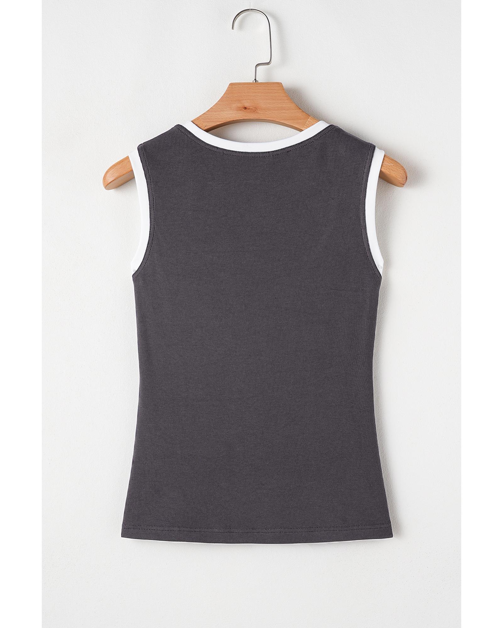 V539-AZEXDC25612465-P4011-S-202506131411-00 Carbon Grey Ribbed Knit Colorblock Edge U Neck Slim Fit Tank Top - S - Image 1