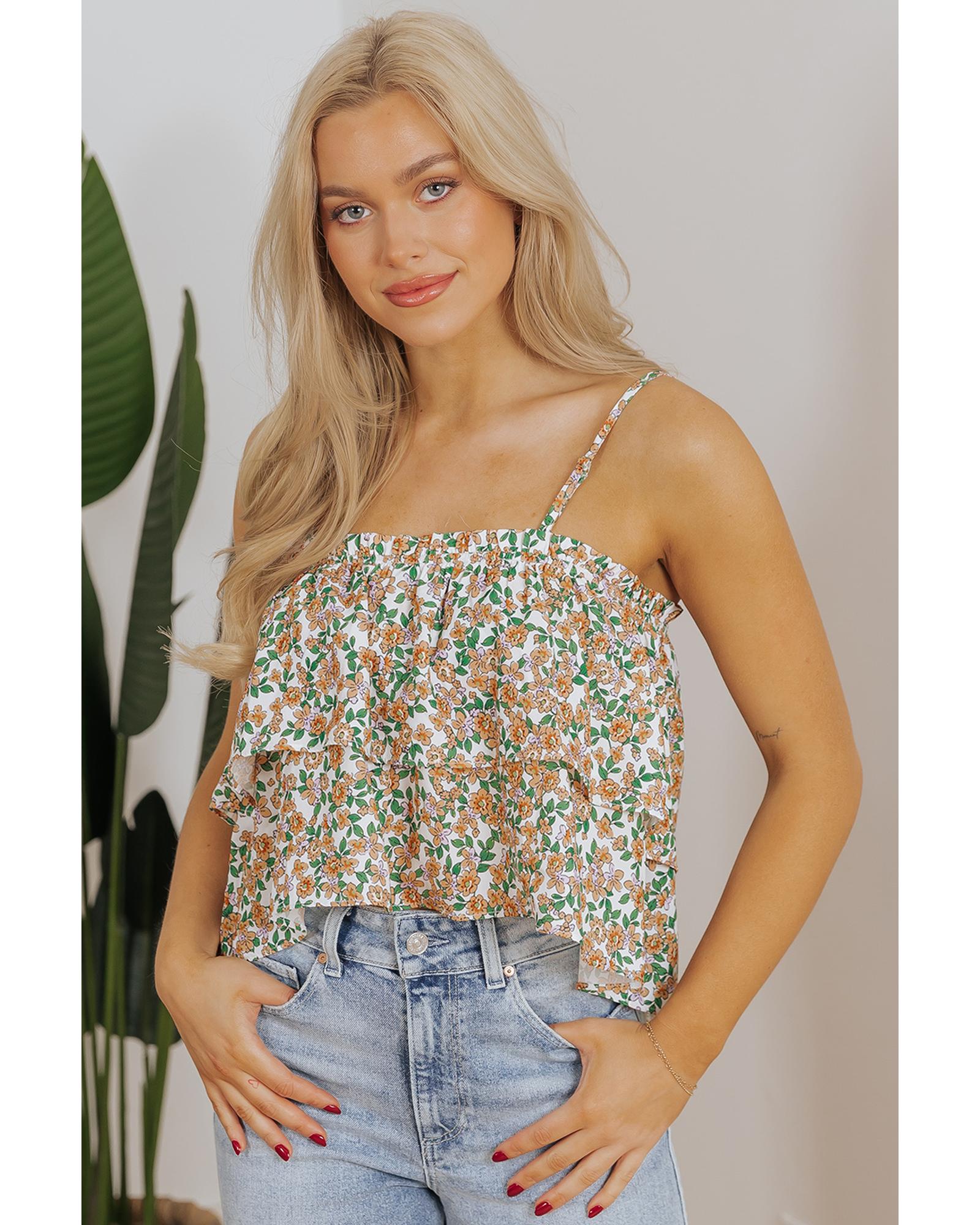 V539-AZEXDC25612624-P120-M-202508271210-00 White Boho Floral Spaghetti Strap Ruffle Summer Tank Top - M - Image 1