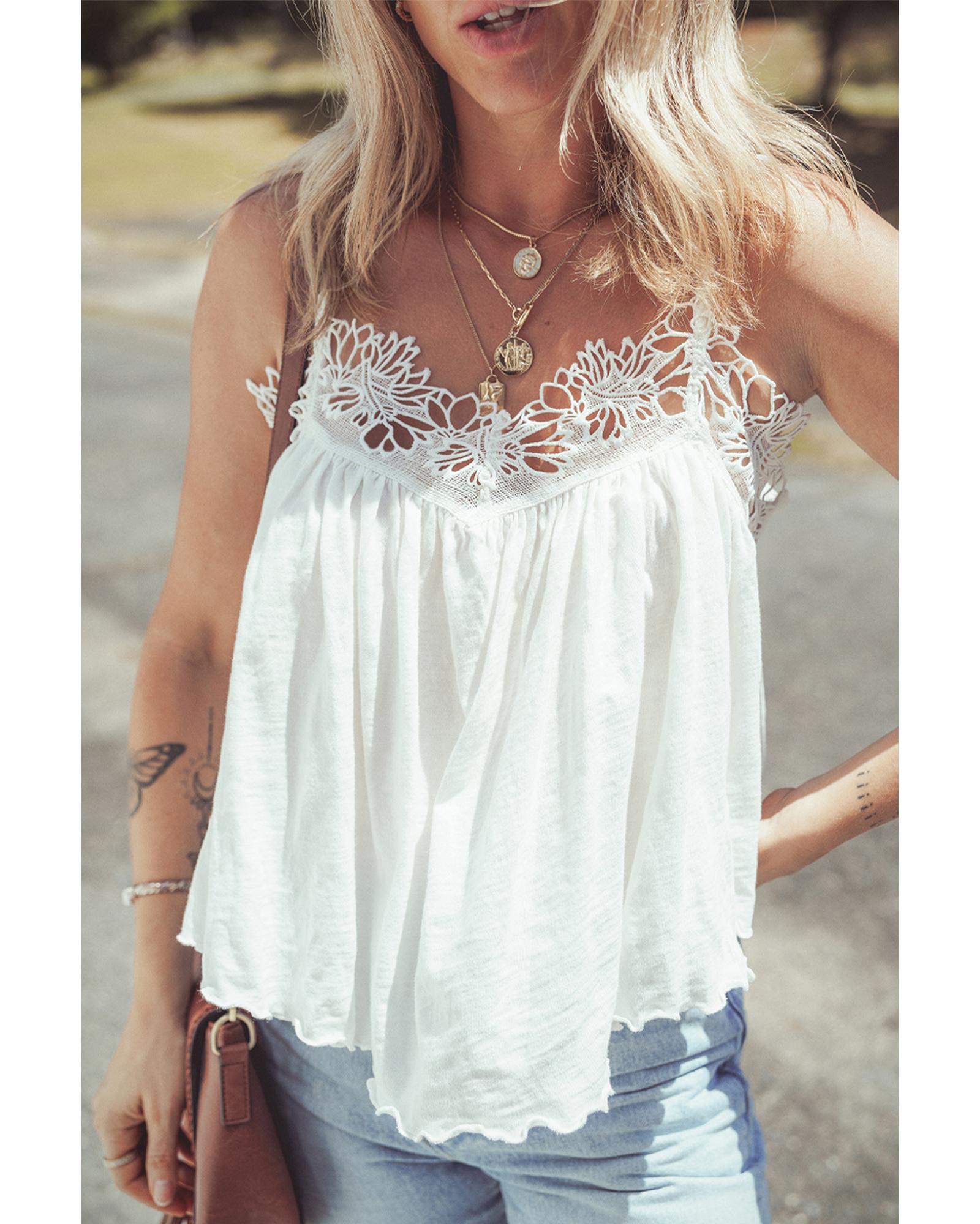 V539-AZEXDC25612834-P1-L-202508271205-00 White Lace Splicing Spaghetti Straps Ruffle Flared Tank Top - L - Image 1