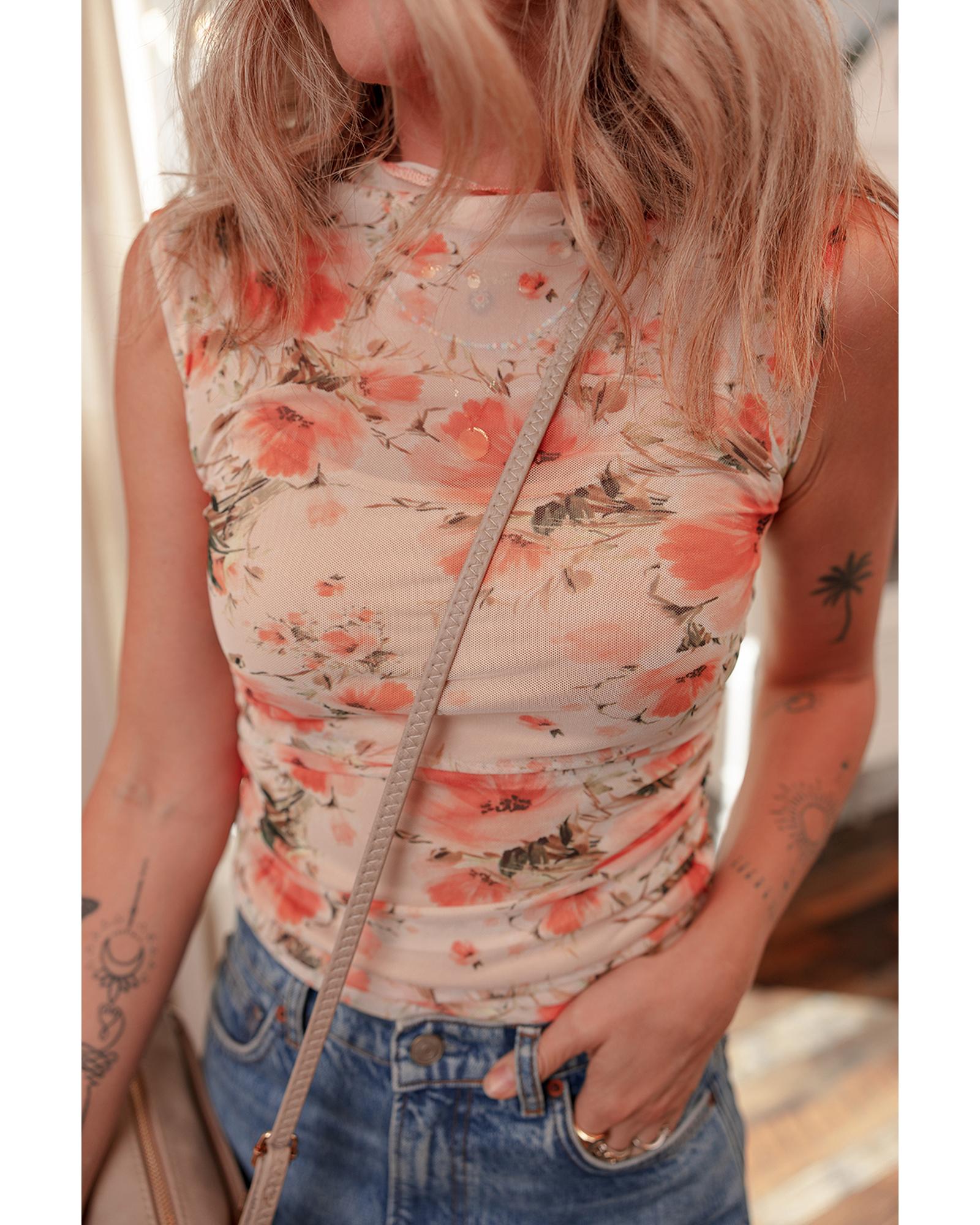 V539-AZEXDC25612843-P10320-S-202508271935-00 Red Mesh Floral Printed Slim Fit Tank Top - S - Image 1