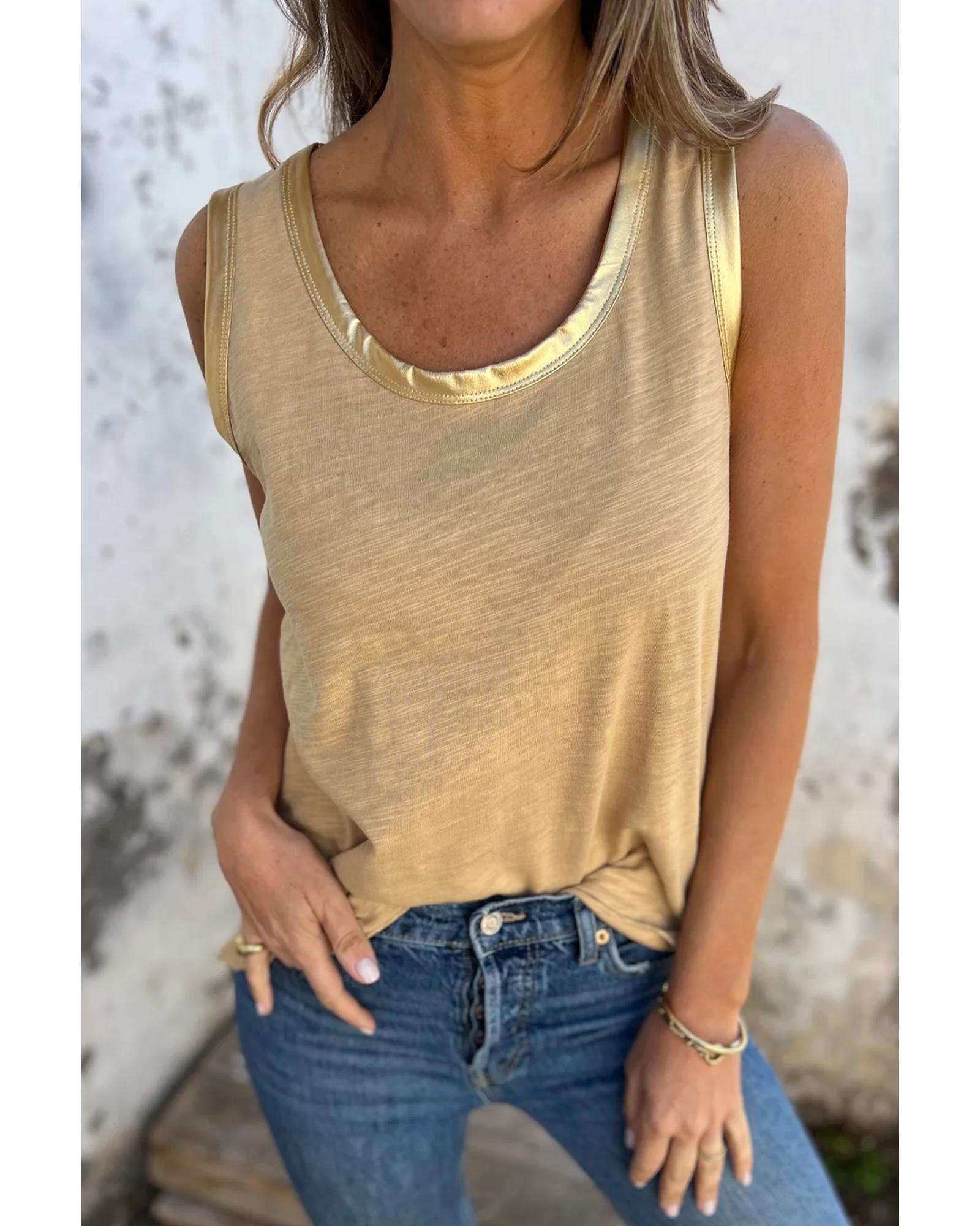 V539-AZEXDC25612870-P3016-L-202508280040-00 Tan Metallic Sheen Edge Scoop Neck Tank Top - L - Image 1
