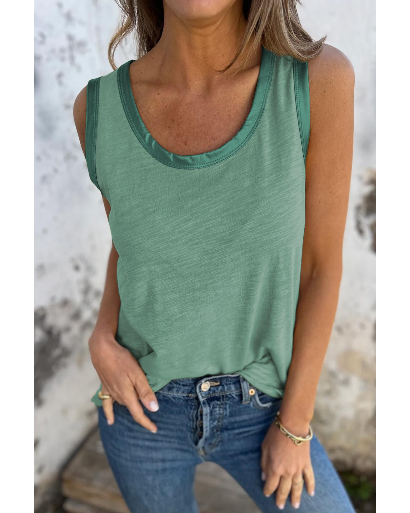 V539-AZEXDC25612870-P509-L-202508290020-00 Mist Green Metallic Sheen Edge Scoop Neck Tank Top - L - Image 1