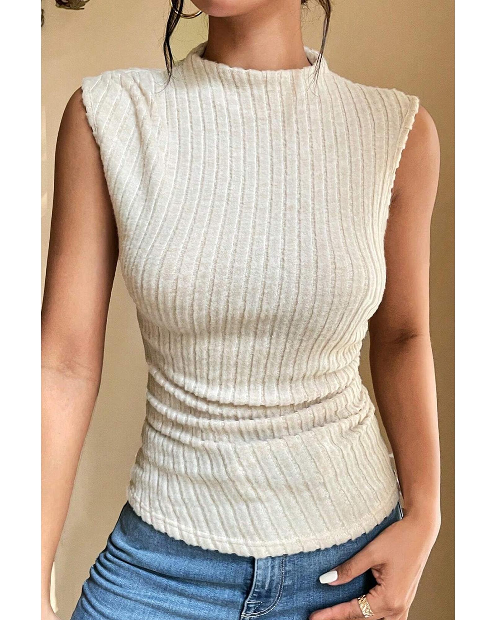 V539-AZEXDC25612939-P18-XL-202508280405-00 Apricot Ribbed Knit Mock Neck Tank Top - XL - Image 1
