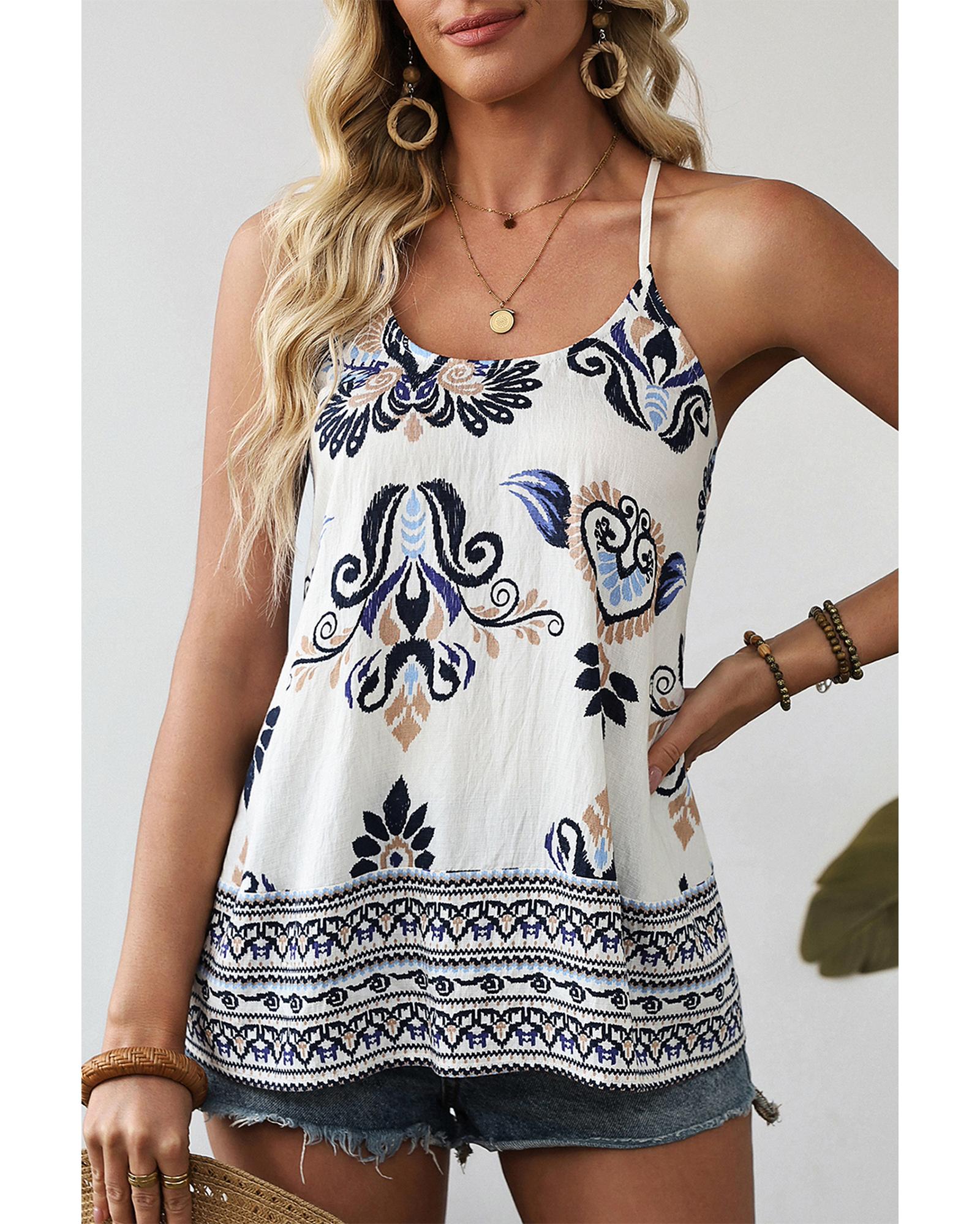 V539-AZEXDC25612948-P520-XL-202508281545-00 Blue Bohemian Fashion Print Spaghetti Straps Loose Tank - XL - Image 1