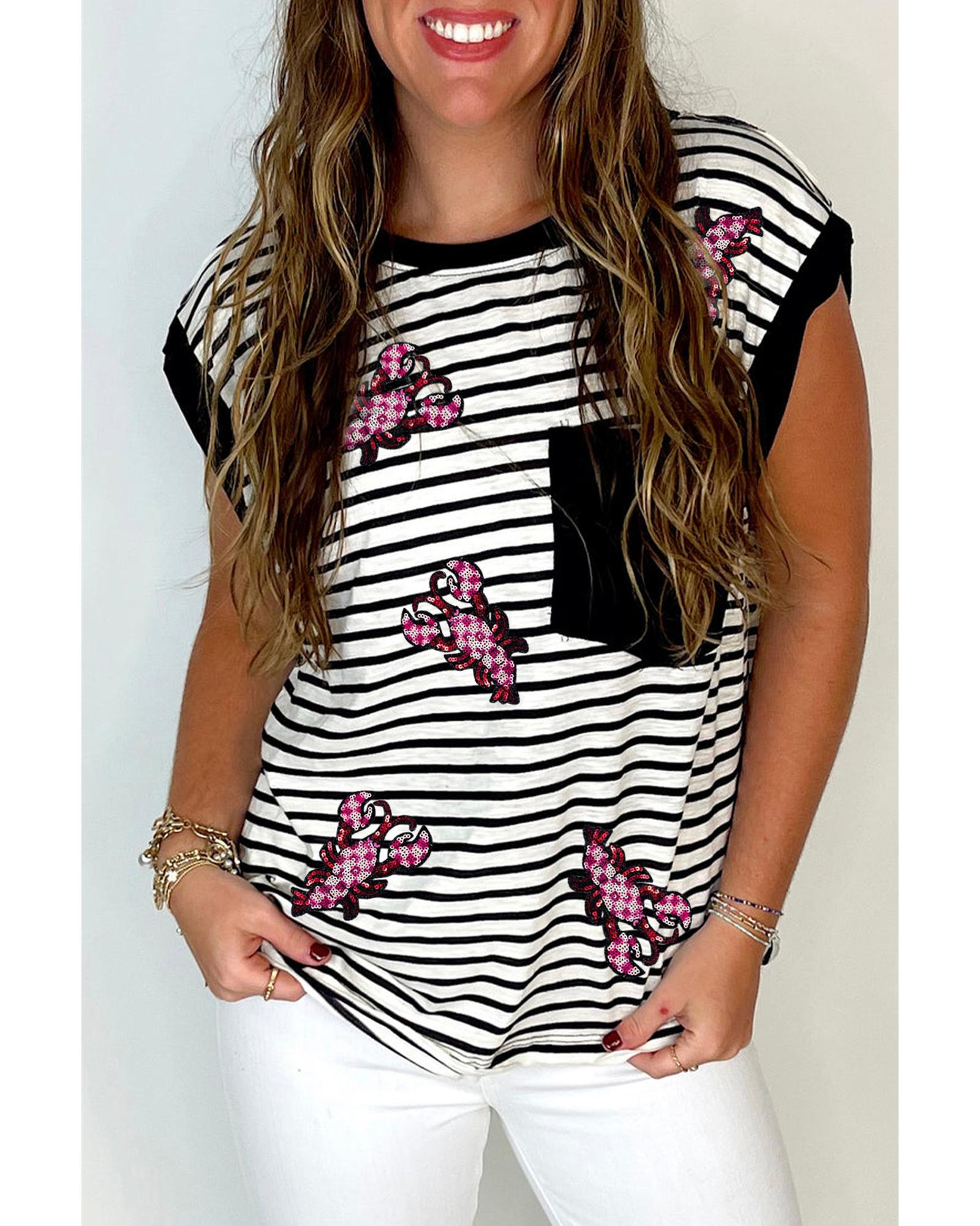 V539-AZEXDC25613370-P219-M-202508291715-00 Black Stripe Sequined Lobster Patched Pocket Casual Tank Top - M - Image 1