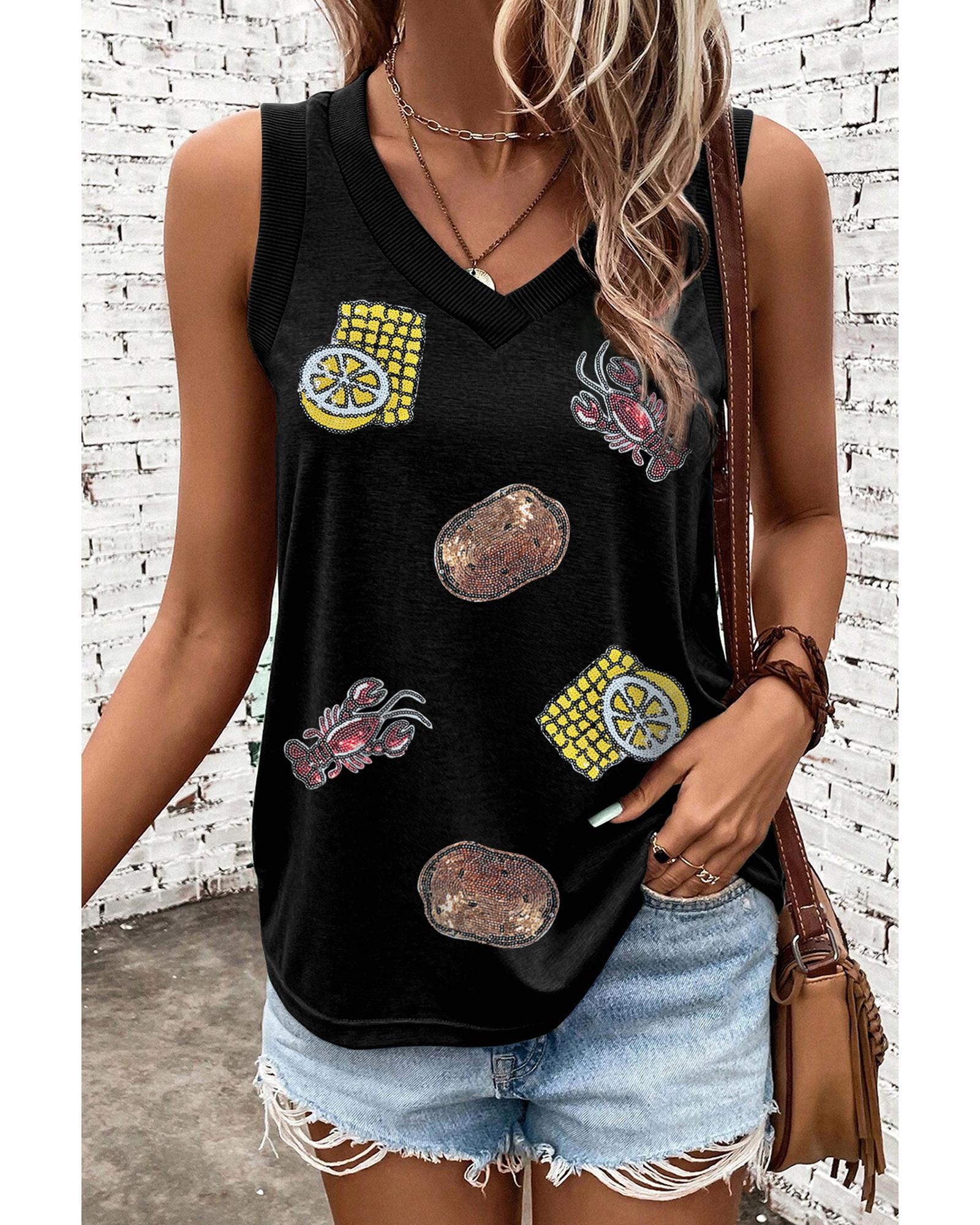 V539-AZEXDC25613451-P2-M-202508300500-00 Black Sequined Crawfish Ribbed V Neckline Tank Top - M - Image 1
