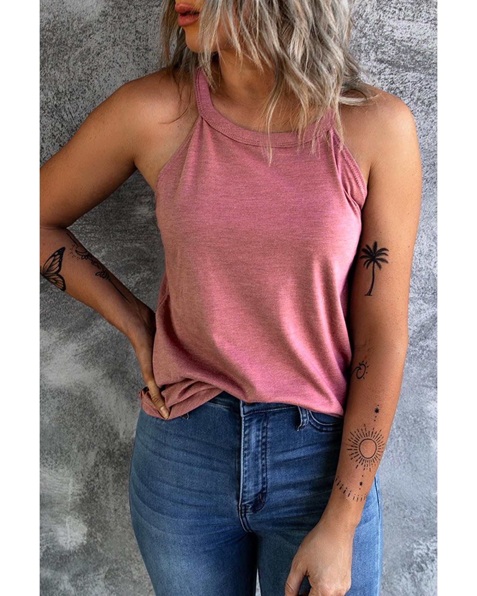 V539-AZEXDC2564998-10-S-202506131742-00 Pink Solid Color Crew Neck Tank Top - S - Image 1