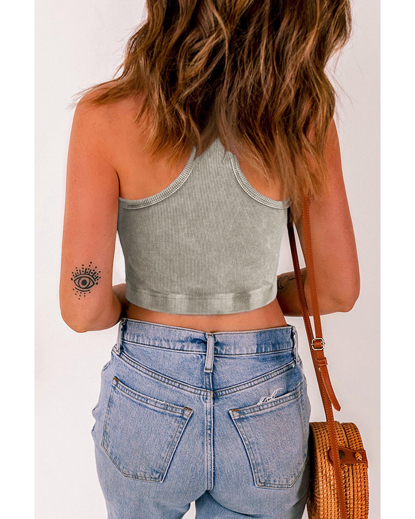 V539-AZEXDC2567773-P1011-S-202506131346-00 Light Grey Ribbed Mineral Wash Racerback Cropped Tank Top - S - Image 1