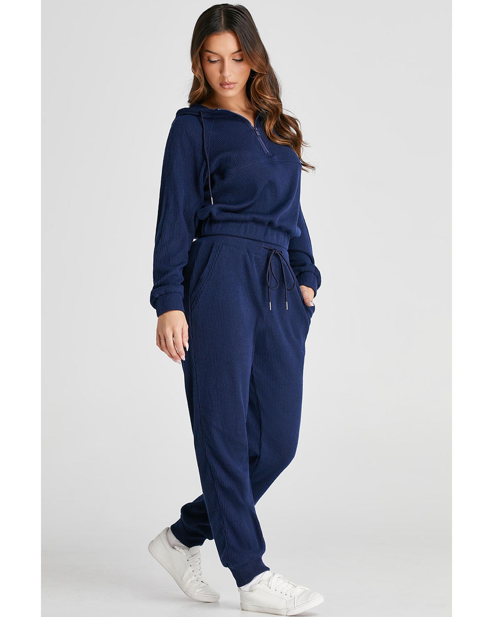 V539-AZEXDC2611646-P605-2XL-202508281110-00 Navy Blue Ribbed Knit Cropped Hoodie and Drawstring Joggers Set - 2XL - Image 1