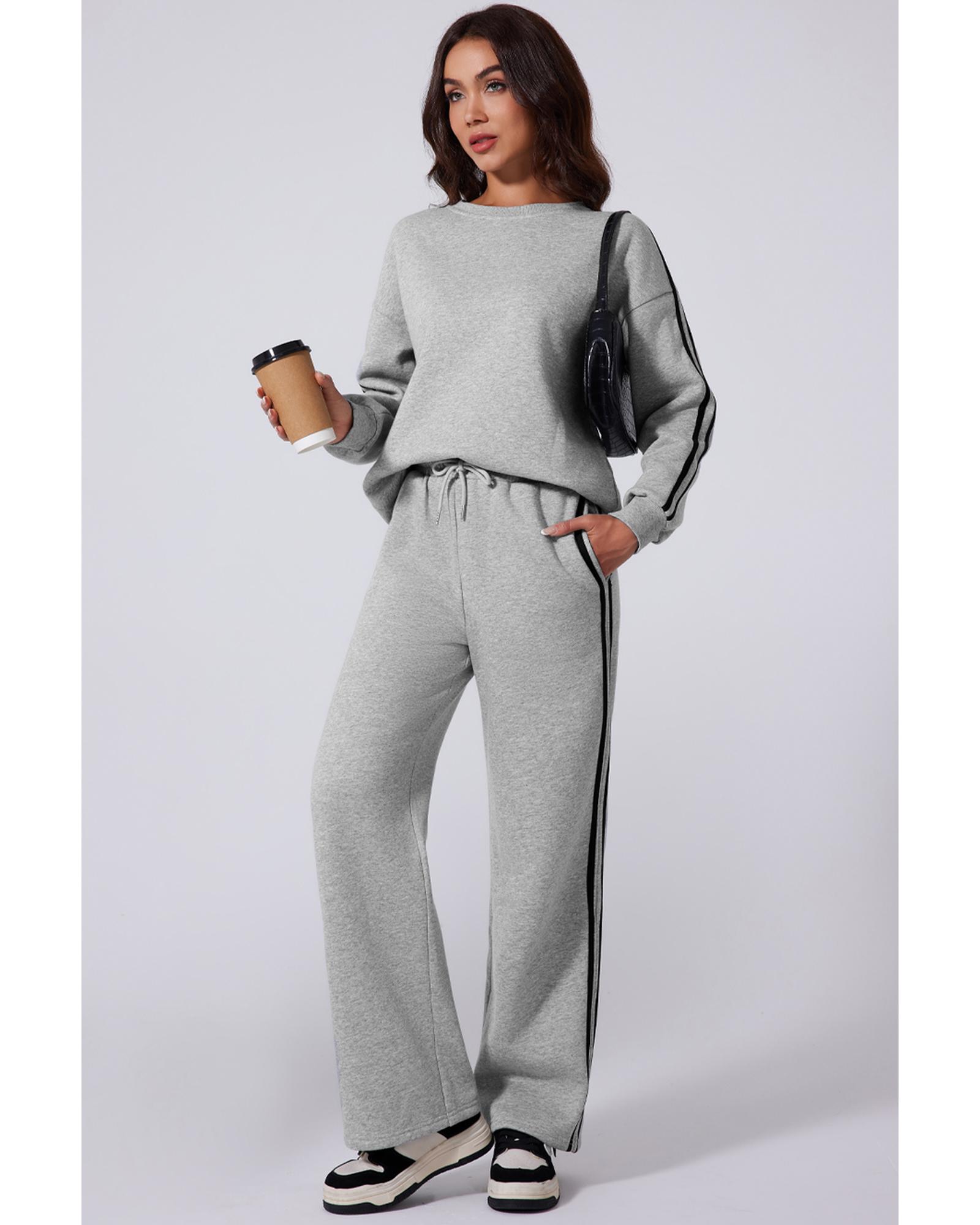 V539-AZEXDC2611665-P1011-L-202508281215-00 Light Grey Solid Color Side Striped Sweatshirt Active Set - L - Image 1