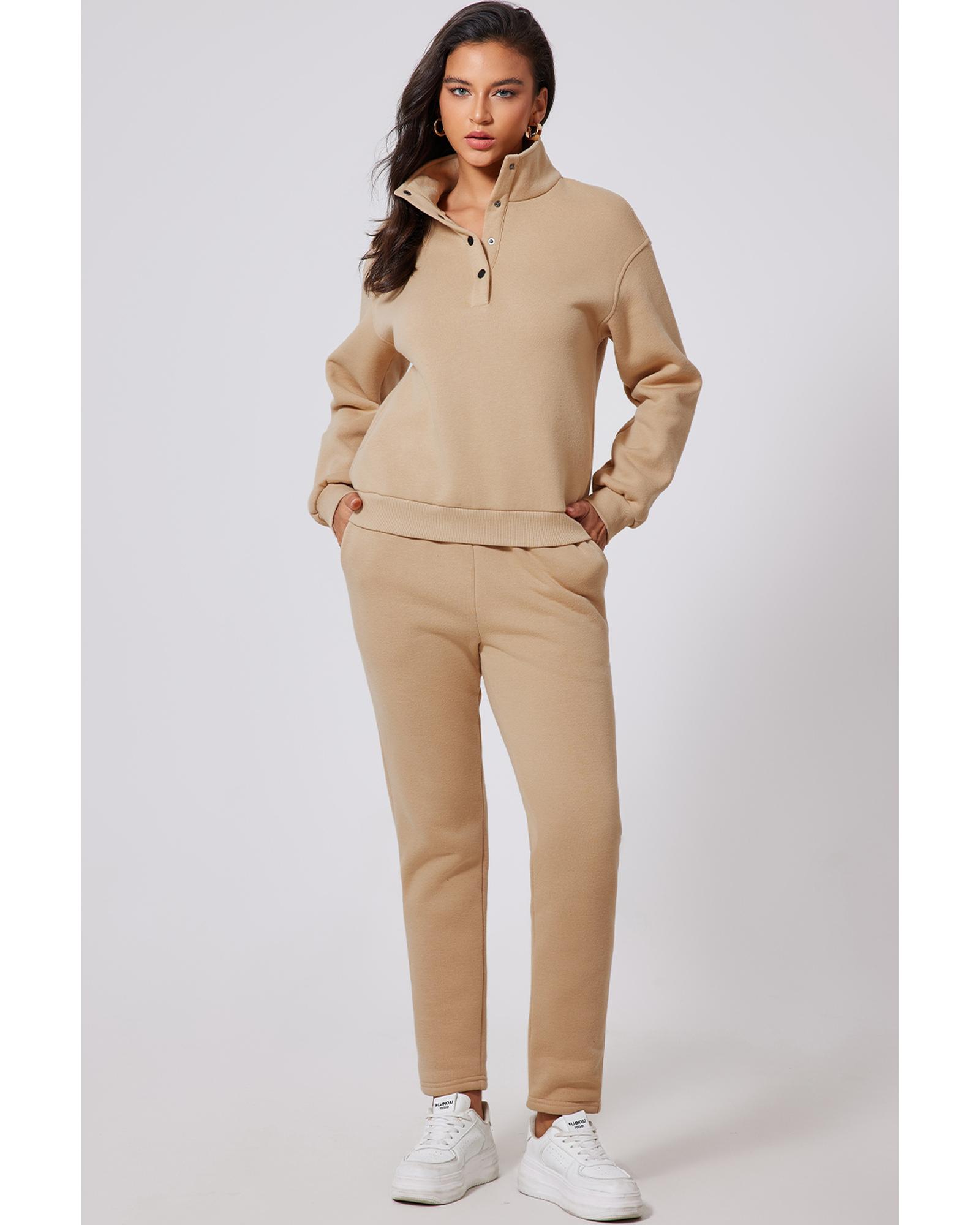 V539-AZEXDC2611667-P6016-M-202508291435-00 Parchment Solid Half Button Sweatshirt and High Waist Sweatpants Set - M - Image 1