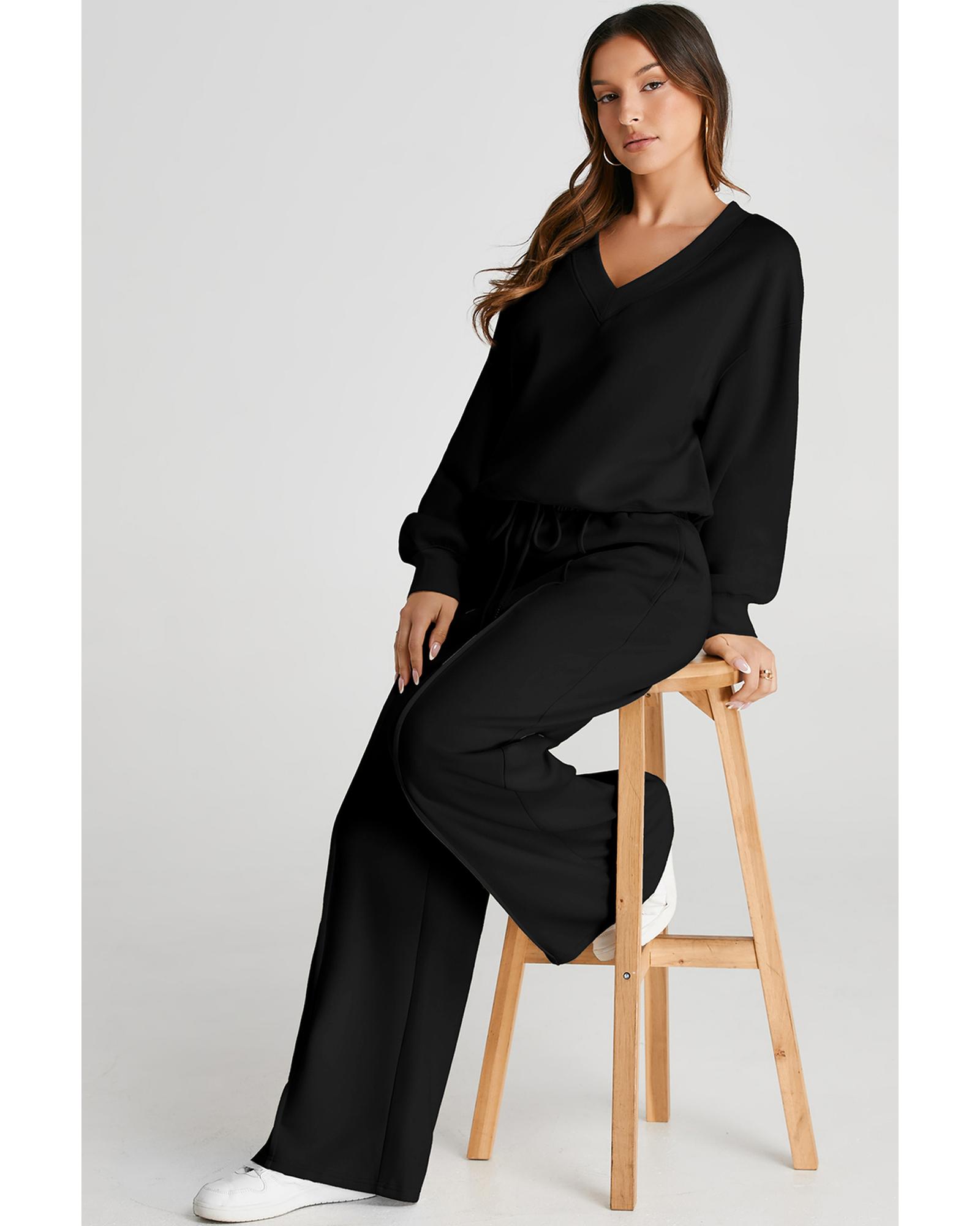 V539-AZEXDC2611683-P2-S-202506131540-00 Black V Neck Cropped Seamed High Waist Sports Wear - S - Image 1