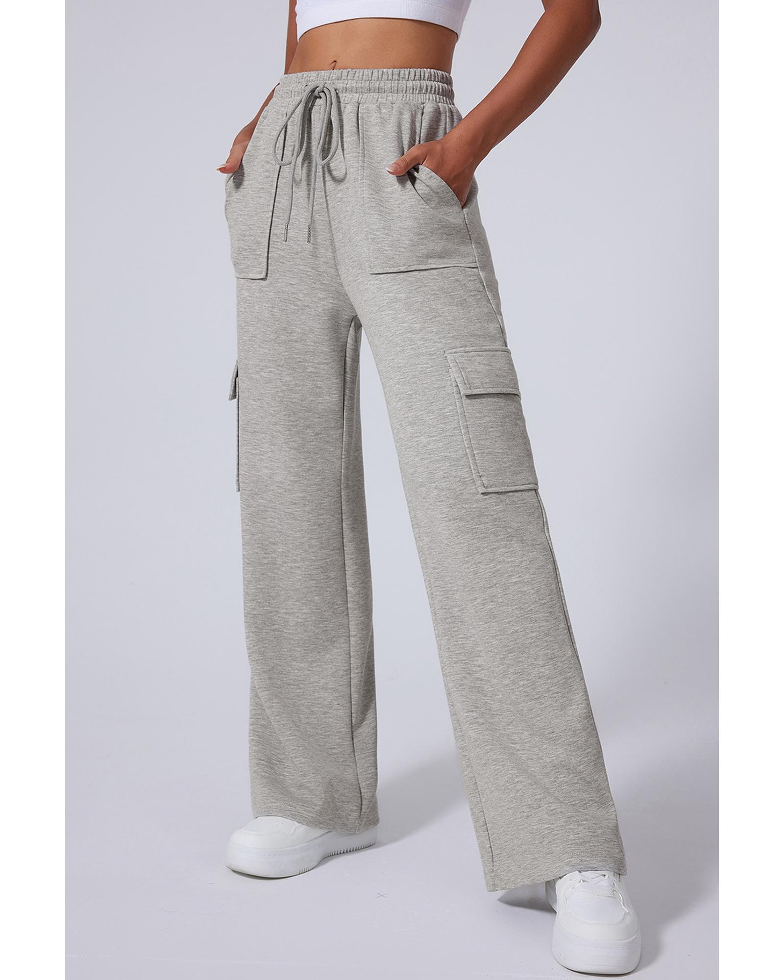 V539-AZEXDC265581-P1011-S-202506131621-00 Light Grey Multi Pockets Lace-up High Waist Wide Leg Workout Pants - S - Image 1