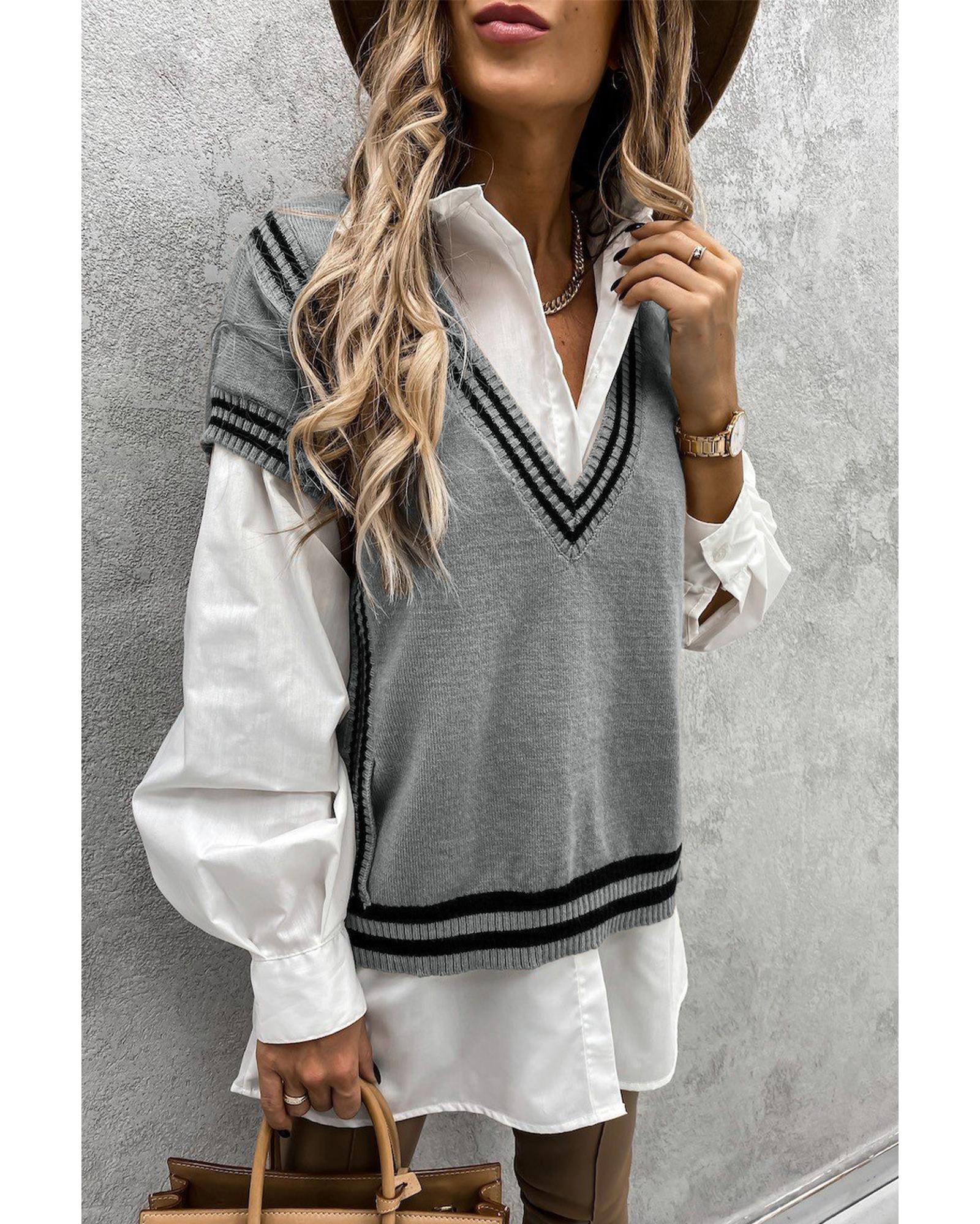 V539-AZEXDC27041-11-M-202508280415-00 Azura Exchange Gray V Neck Contrast Stripes Trims Short Sleeve Sweater - M - Image 1