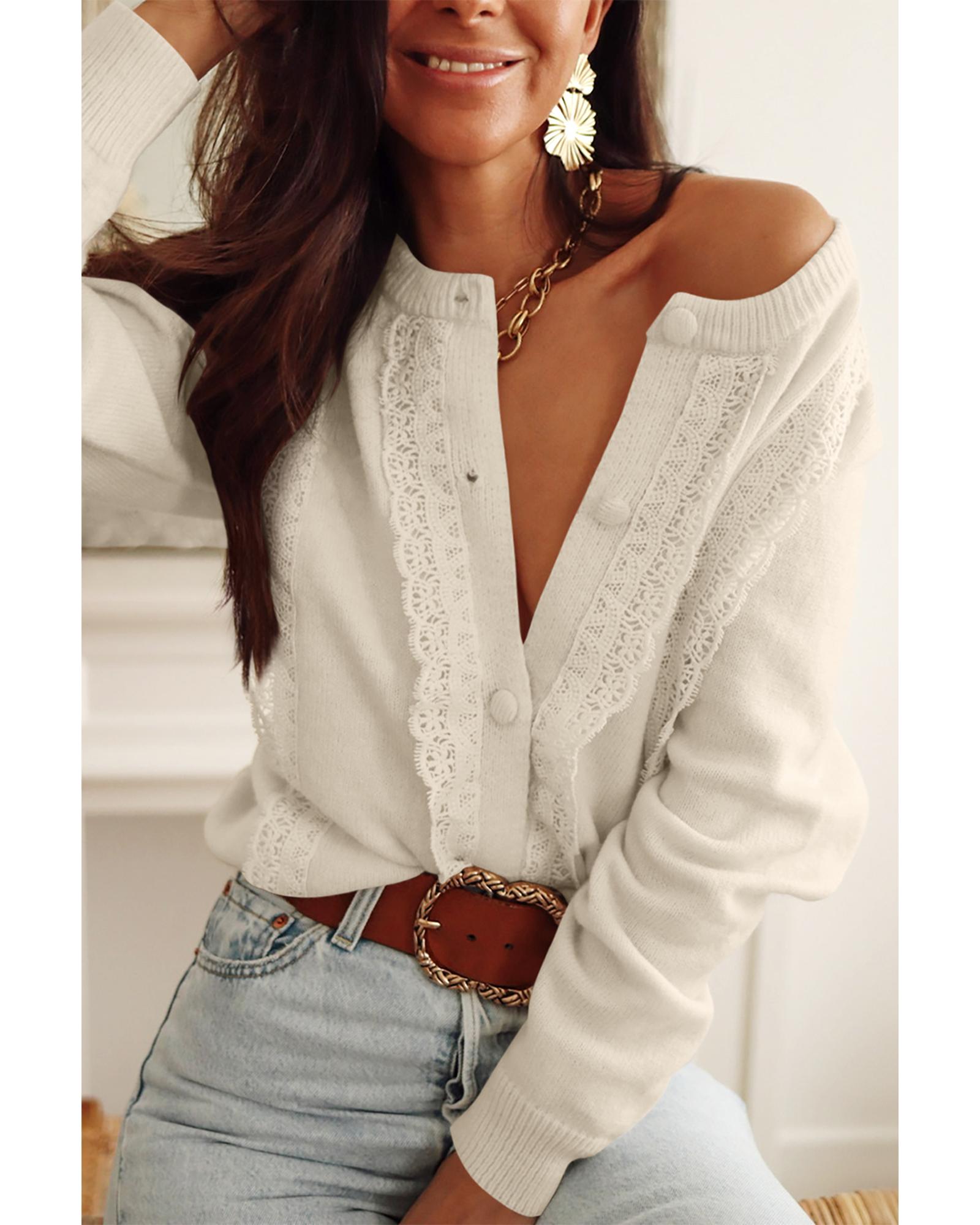 V539-AZEXDC2711043-18-L-202506131727-00 Apricot Lace Trim Ribbed Round Neck Button Up Cardigan - L - Image 1