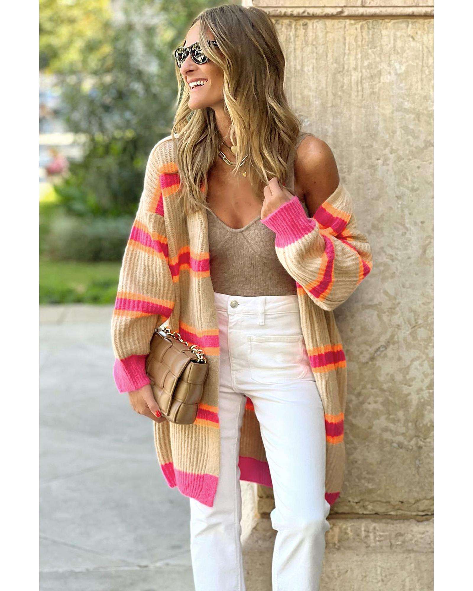 V539-AZEXDC2711054-19-L-202508300515-00 Stripe Printed Ribbed Long Knitted Cardigan - L - Image 1