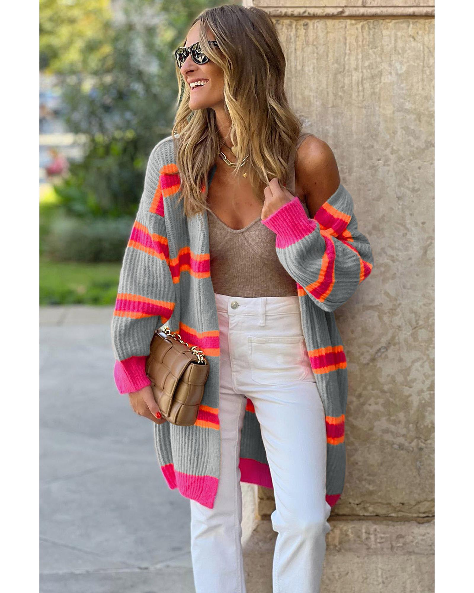 V539-AZEXDC2711054-P3011-L-202508281020-00 Medium Grey Stripe Printed Ribbed Long Knitted Cardigan - L - Image 1