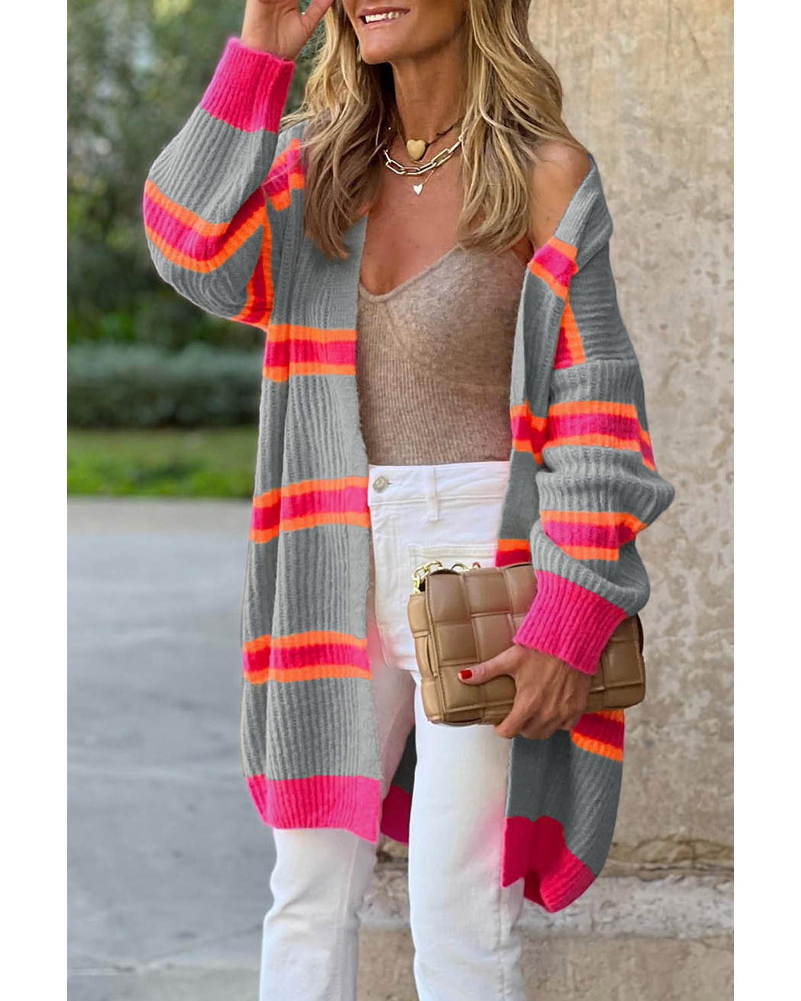 V539-AZEXDC2711054-P3011-M-202508281420-00 Medium Grey Stripe Printed Ribbed Long Knitted Cardigan - M - Image 1