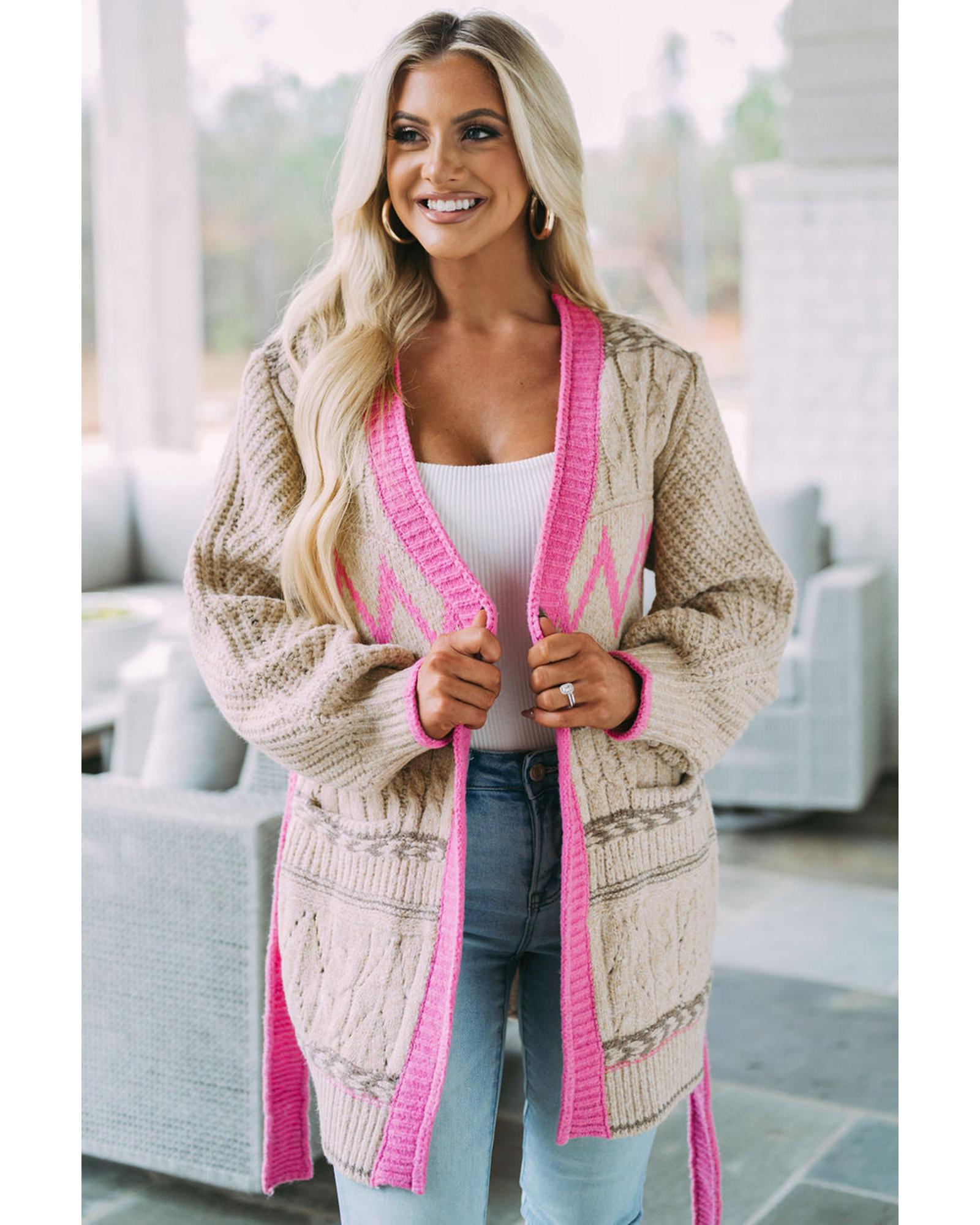 V539-AZEXDC2711090-11-XL-202508291810-00 Gray Geometric Cable Knit Pocketed Open Front Cardigan - XL - Image 1