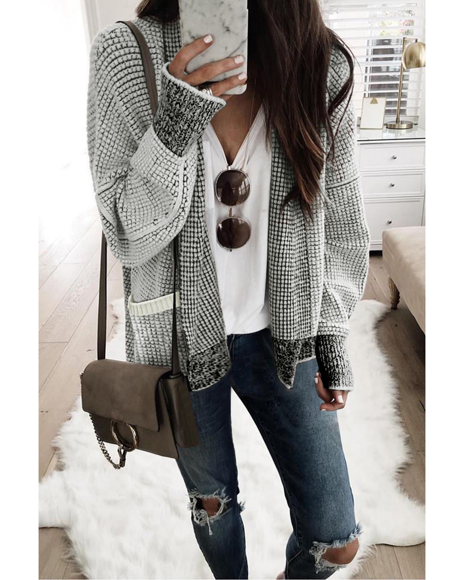 V539-AZEXDC2711120-11-S-202506131753-00 Gray Chunky Waffle Knit Oversized Collar Cardigan - S - Image 1