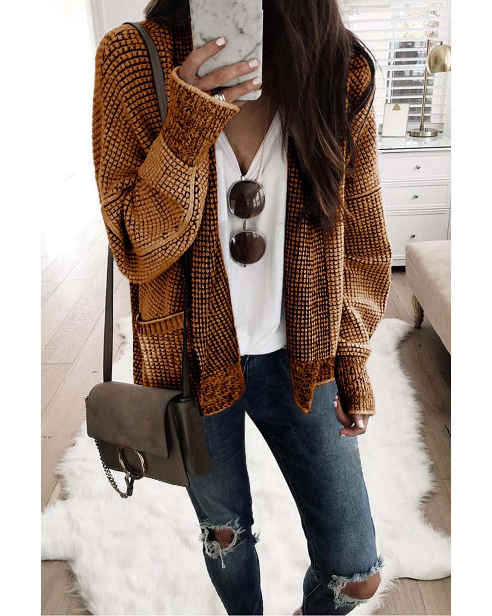 V539-AZEXDC2711120-17-2XL-202508280300-00 Brown Chunky Waffle Knit Oversized Collar Cardigan - 2XL - Image 1