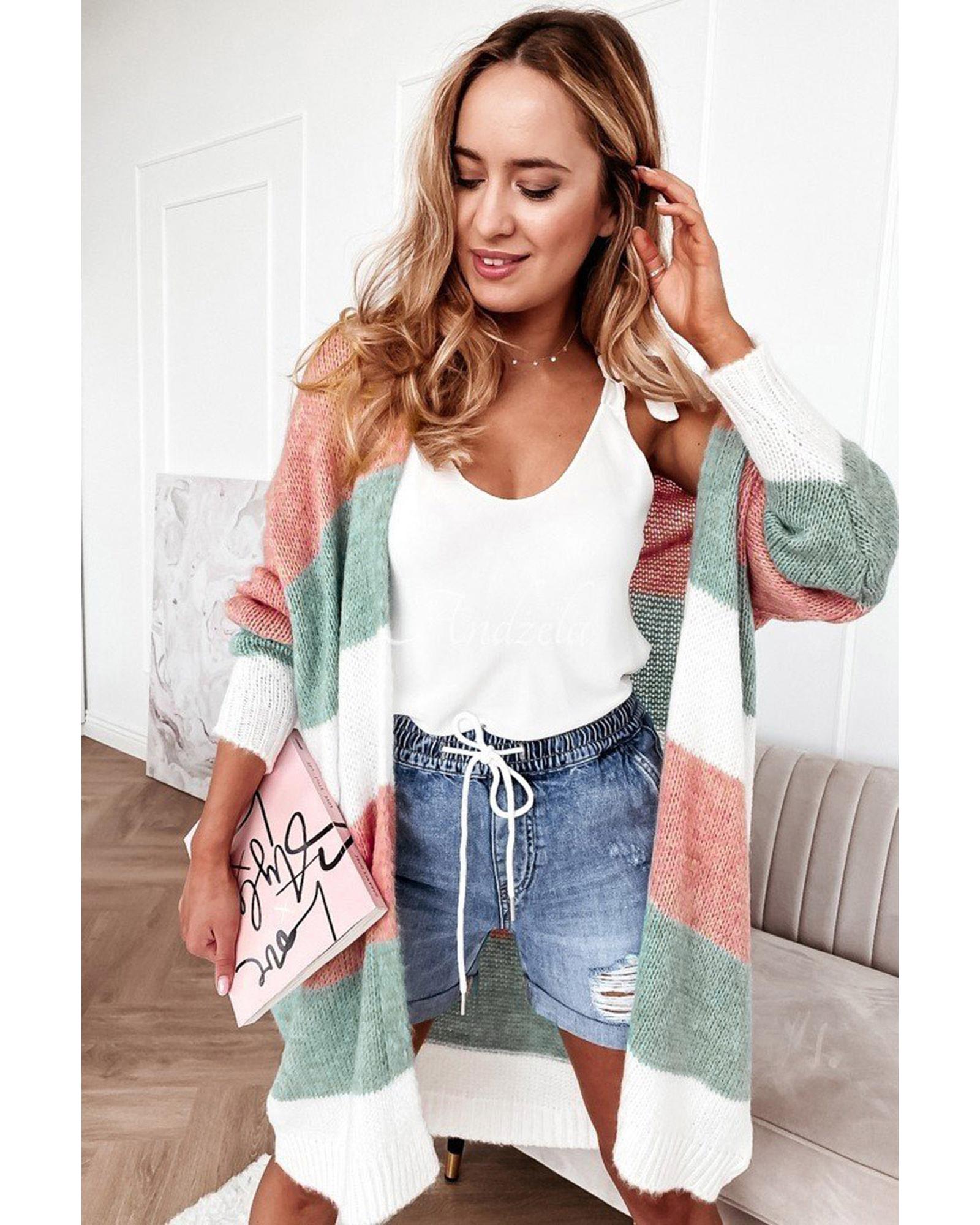 V539-AZEXDC2711217-9-L-202508290240-00 Green Colorblock Stripe Open-Front Cardigan - L - Image 1