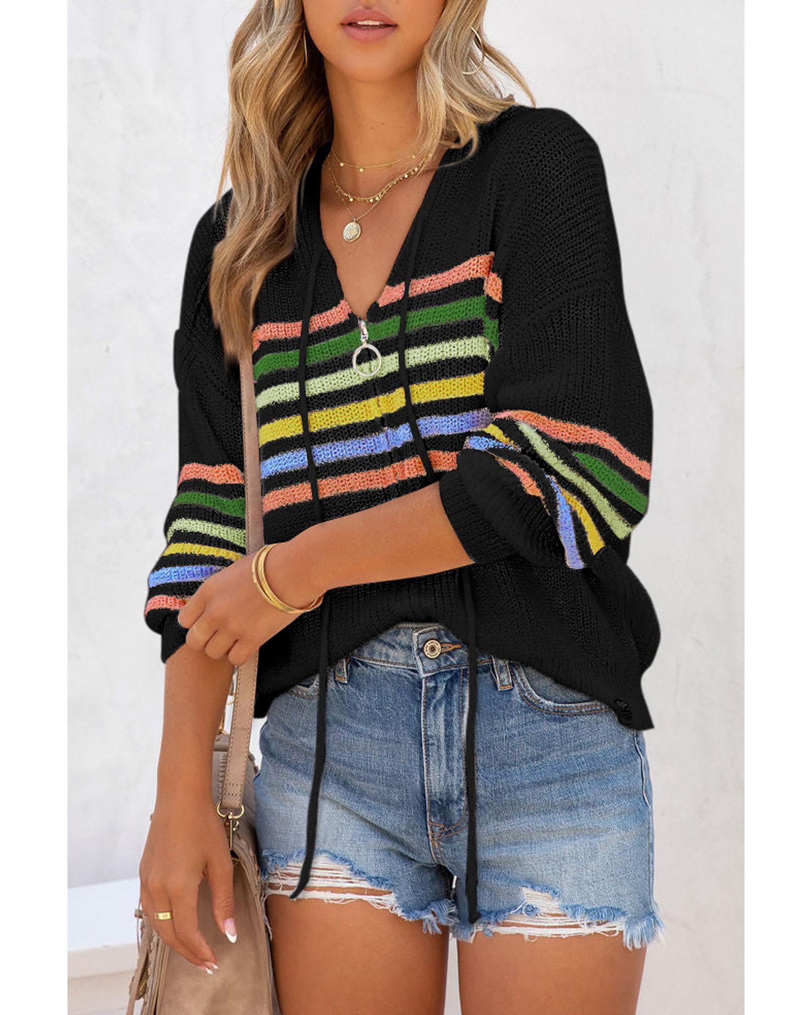 V539-AZEXDC2711240-P2-L-202508291845-00 Black Striped Detail Zip Up Hooded Sweater Cardigan - L - Image 1