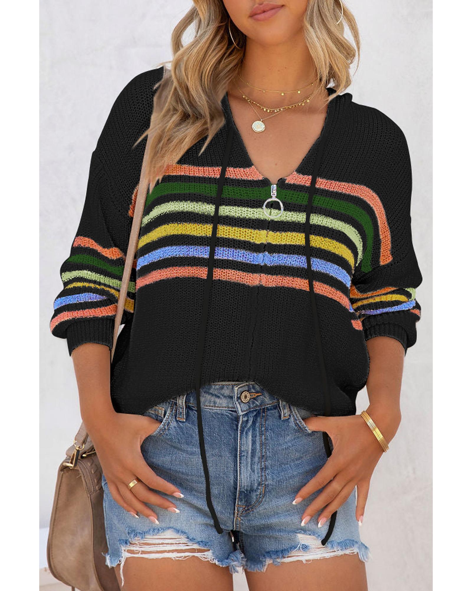 V539-AZEXDC2711240-P2-M-202508292055-00 Black Striped Detail Zip Up Hooded Sweater Cardigan - M - Image 1