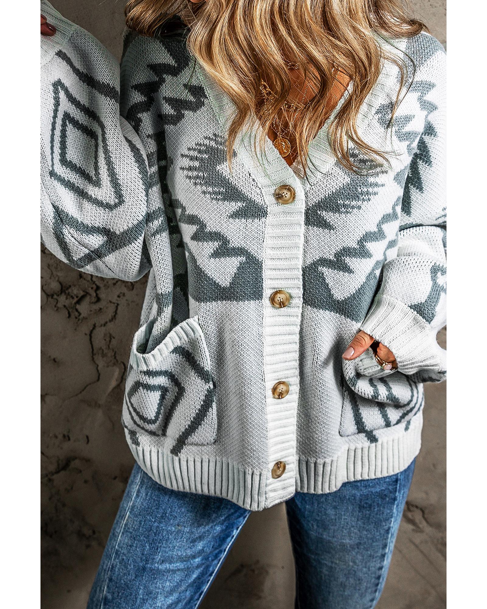 V539-AZEXDC2711305-P1011-XL-202508281200-00 Light Grey Geometric Pattern Ribbed Trim Button-Up Cardigan - XL - Image 1