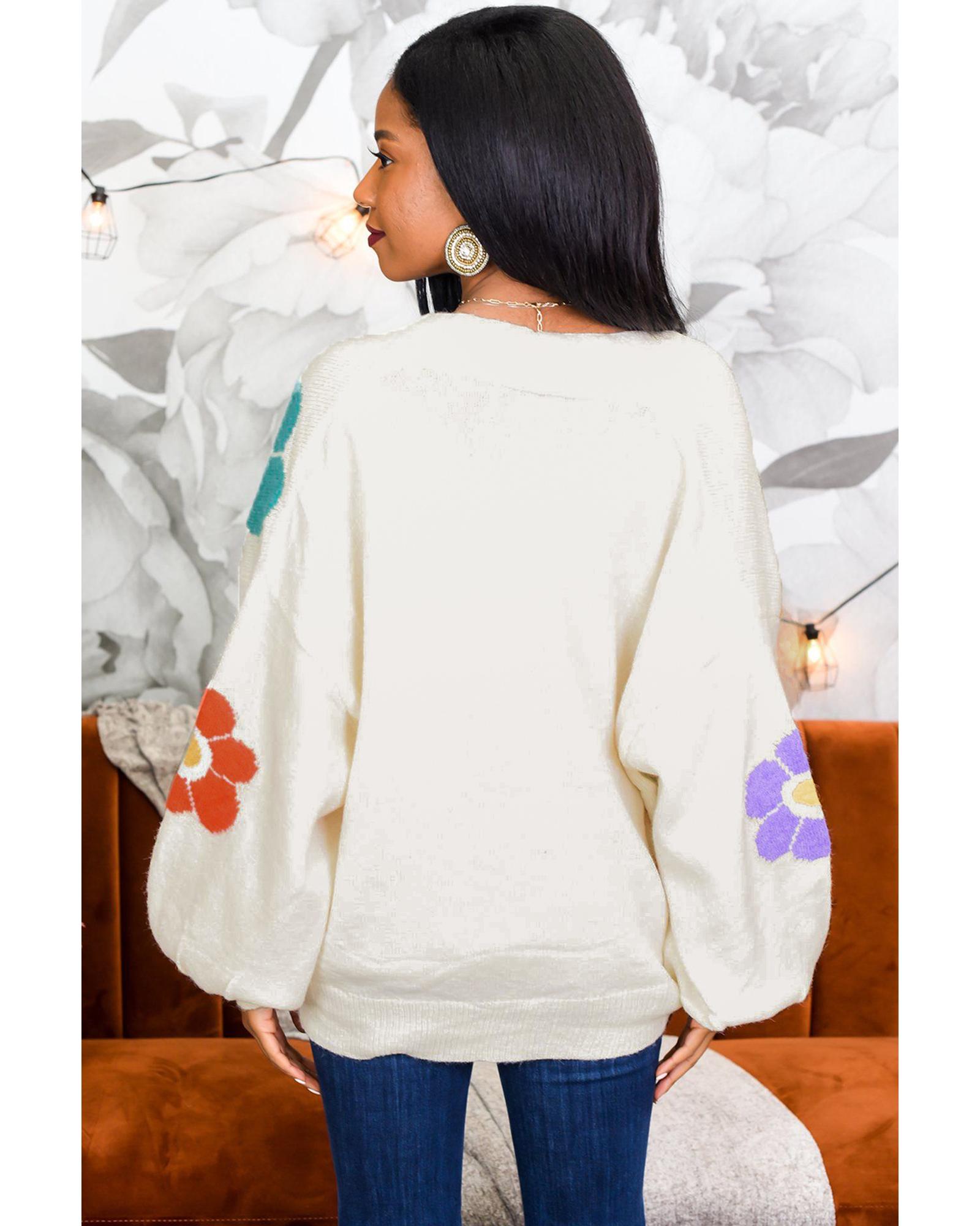 V539-AZEXDC2711349-P1-L-202508290150-00 White Flower Jacquared Bubble Sleeve Open Cardigan - L - Image 1