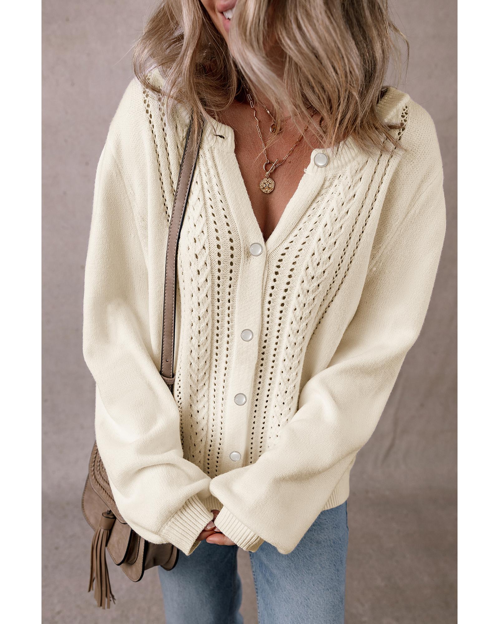 Apricot Pleated Sleeve Hollow Detail Button Sweater Cardigan - M