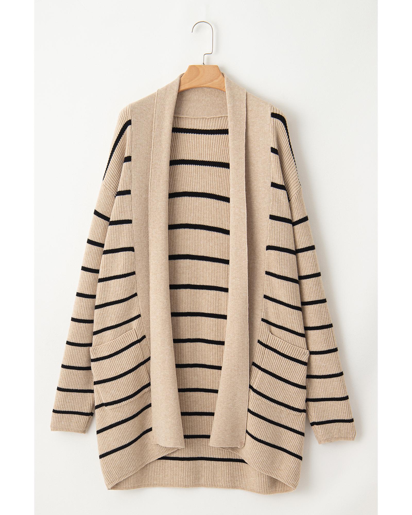 V539-AZEXDC2711497-P219-S-202506131916-00 Black Stripe Shawl Neckline Open Cardigan with Pockets - S - Image 1