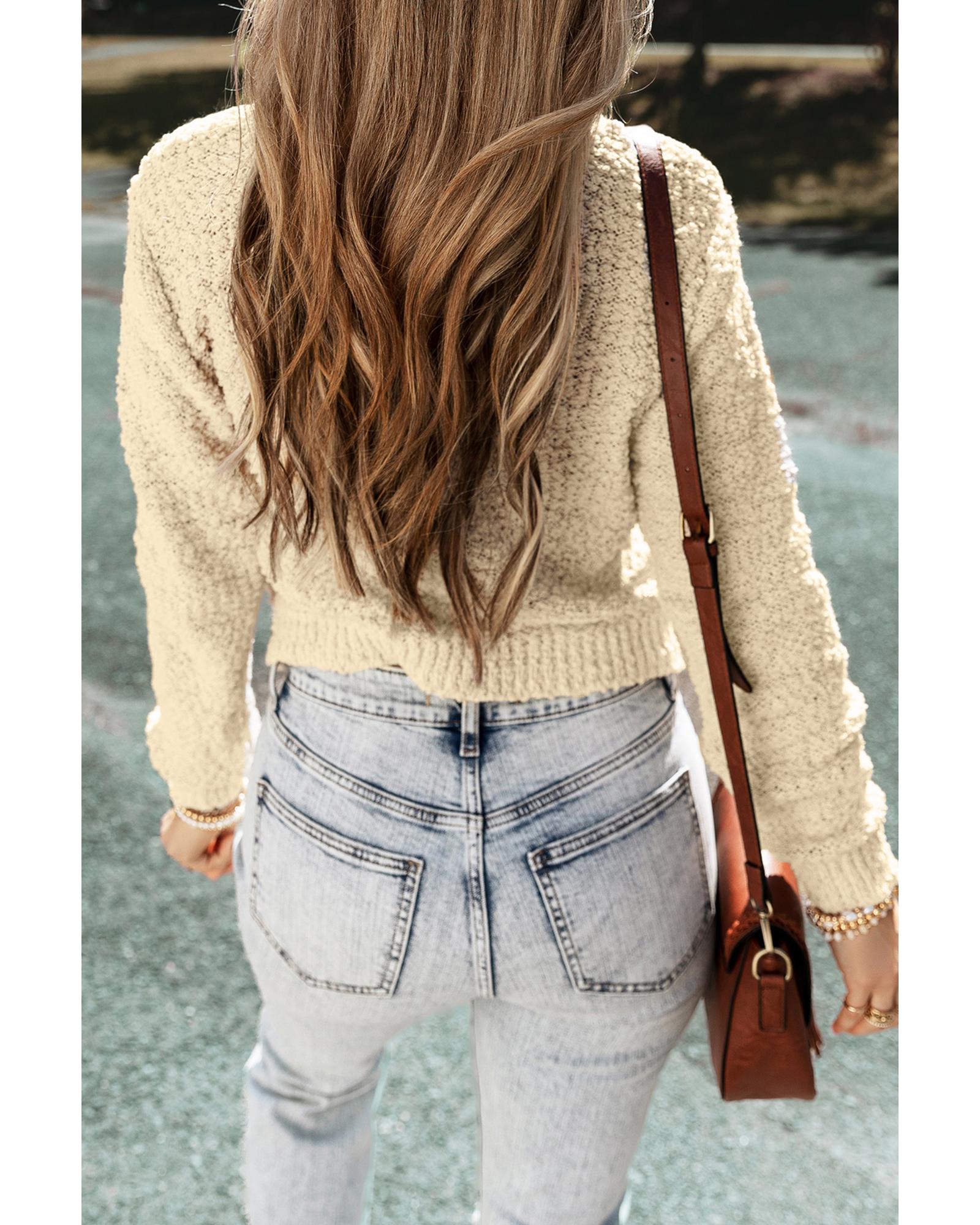 V539-AZEXDC2711576-P1015-M-202508290255-00 Oatmeal Pearl Buttons Popcorn Textured Sweater Cardigan - M - Image 1