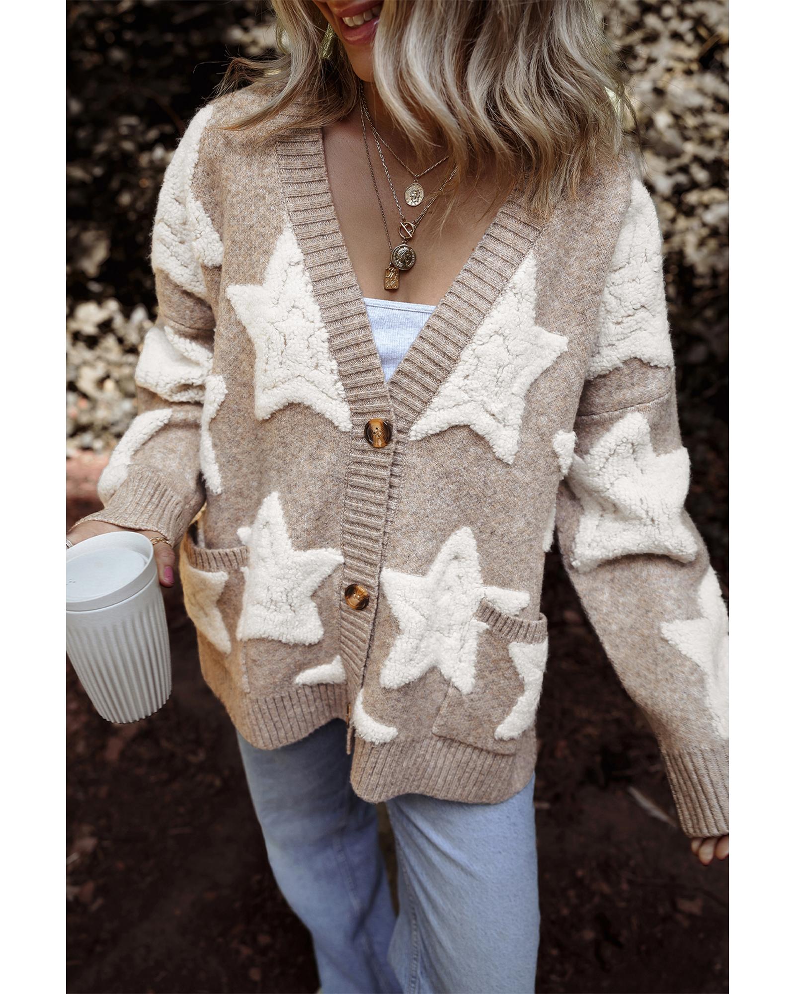 V539-AZEXDC2711634-P1620-L-202508281230-00 Khaki Sherpa Star Pattern Textured Sweater Cardigan with Pockets - L - Image 1