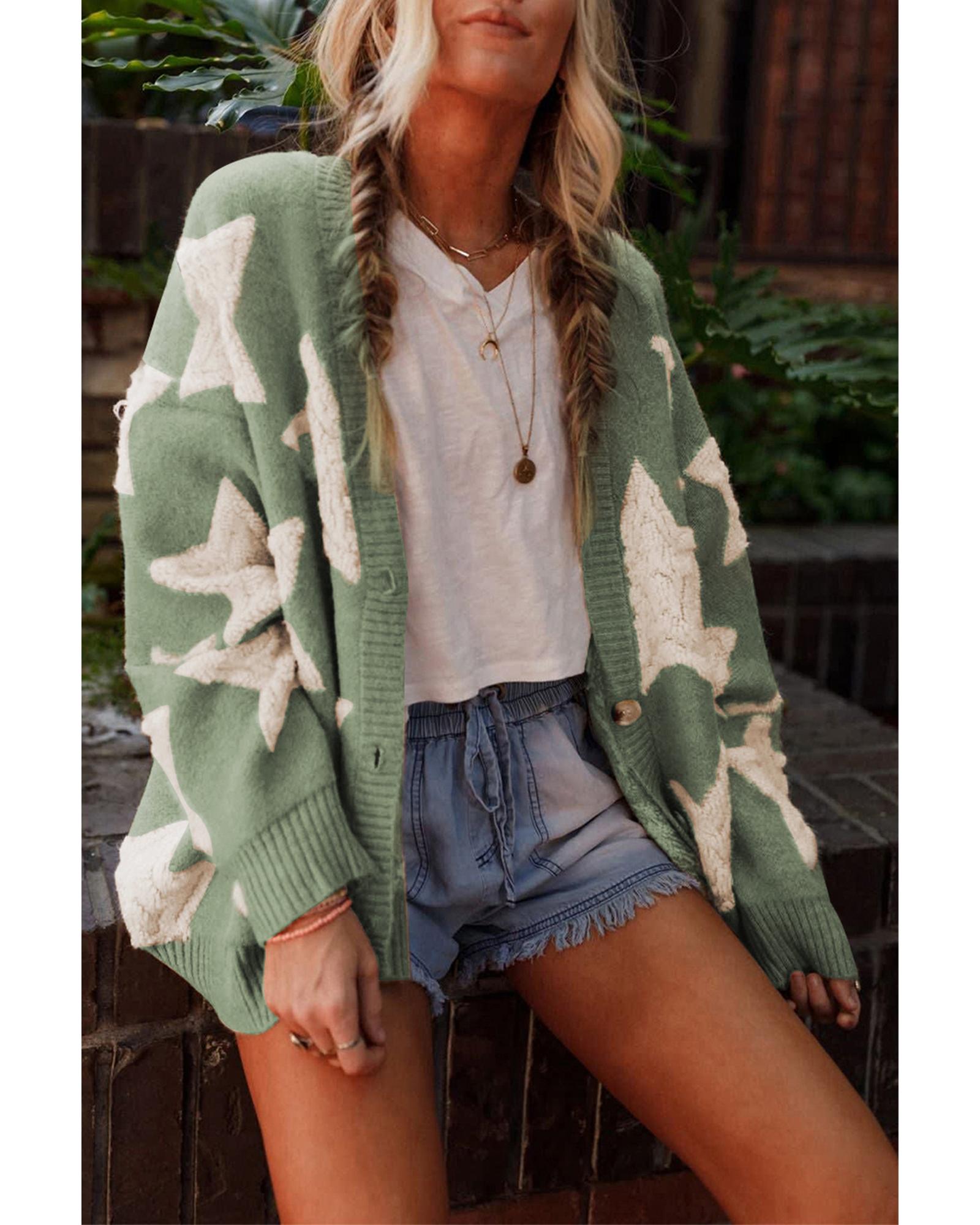V539-AZEXDC2711634-P922-S-202506131936-00 Green Sherpa Star Pattern Textured Sweater Cardigan with Pockets - S - Image 1