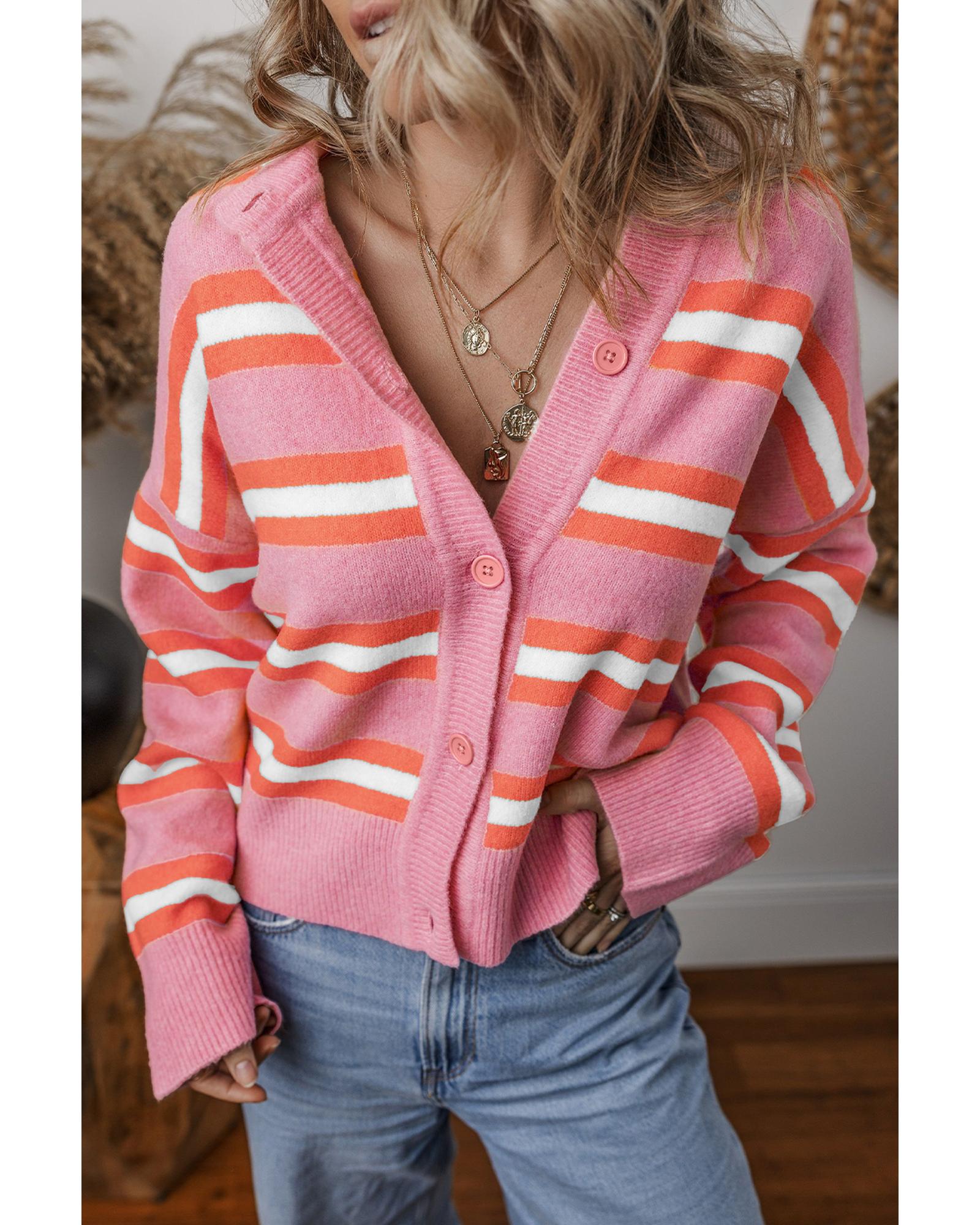 V539-AZEXDC2711679-P1019-XL-202508291315-00 Pink Stripe Drop Shoulder Buttons Cardigan Sweater - XL - Image 1