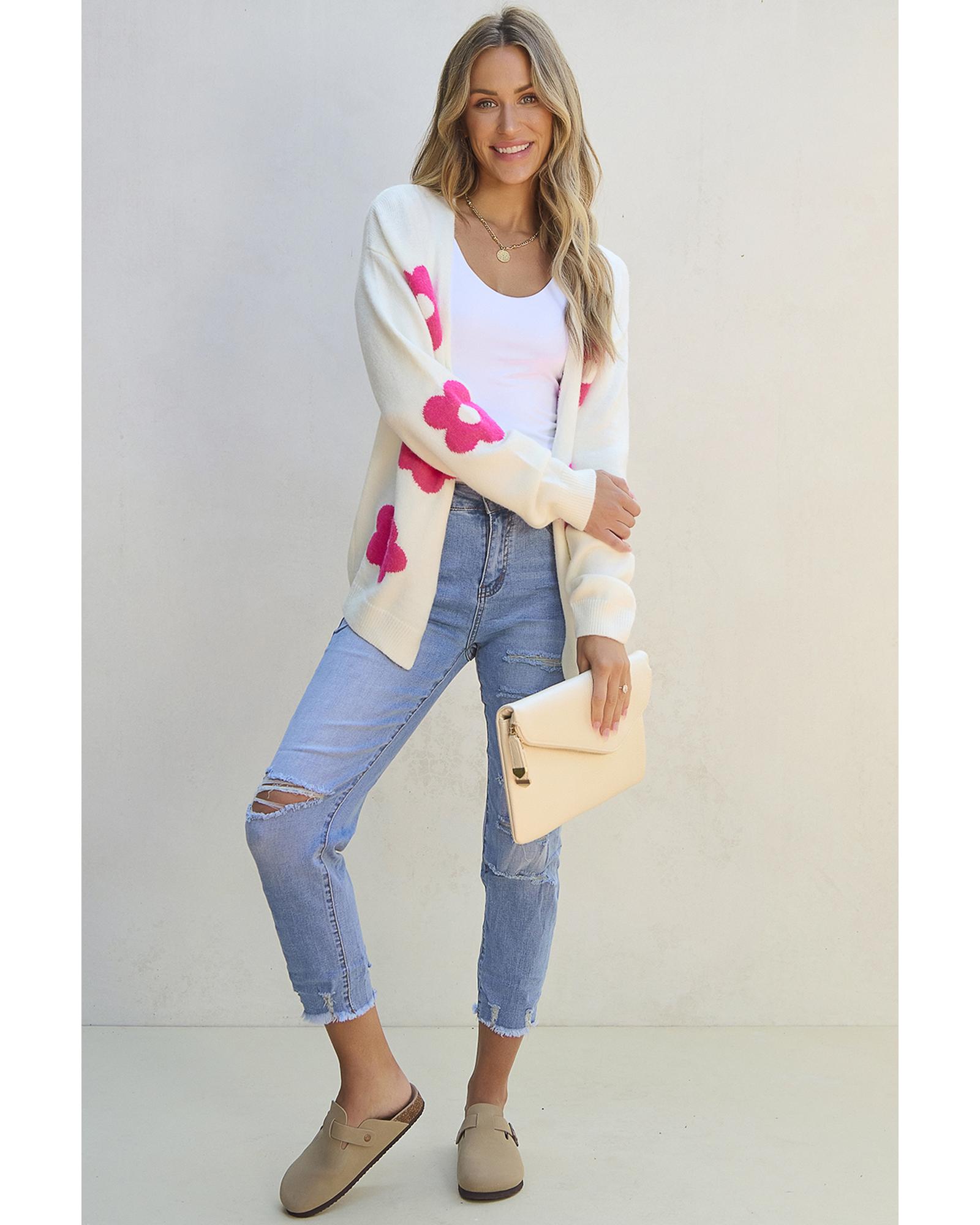 V539-AZEXDC2711706-P6-S-202506132017-00 Rose Red Flower Pattern Open Front Cardigan - S - Image 1