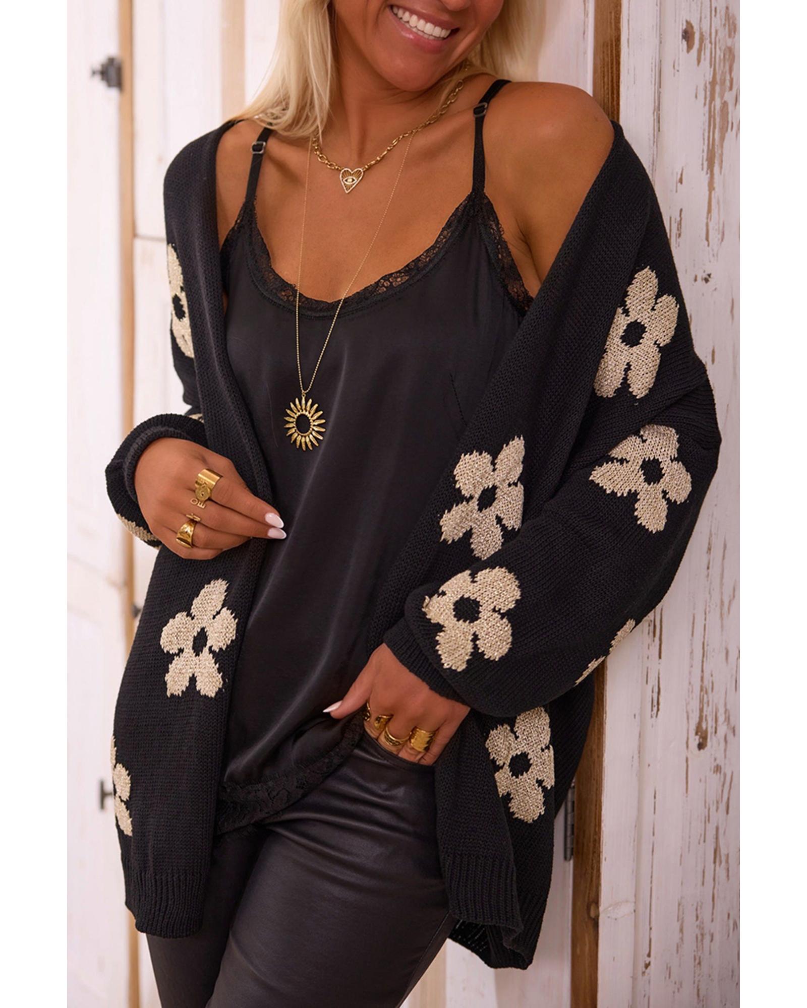 V539-AZEXDC2711718-P2-M-202508300340-00 Black Floral Print Knitted Open Front Loose Cardigan - M - Image 1