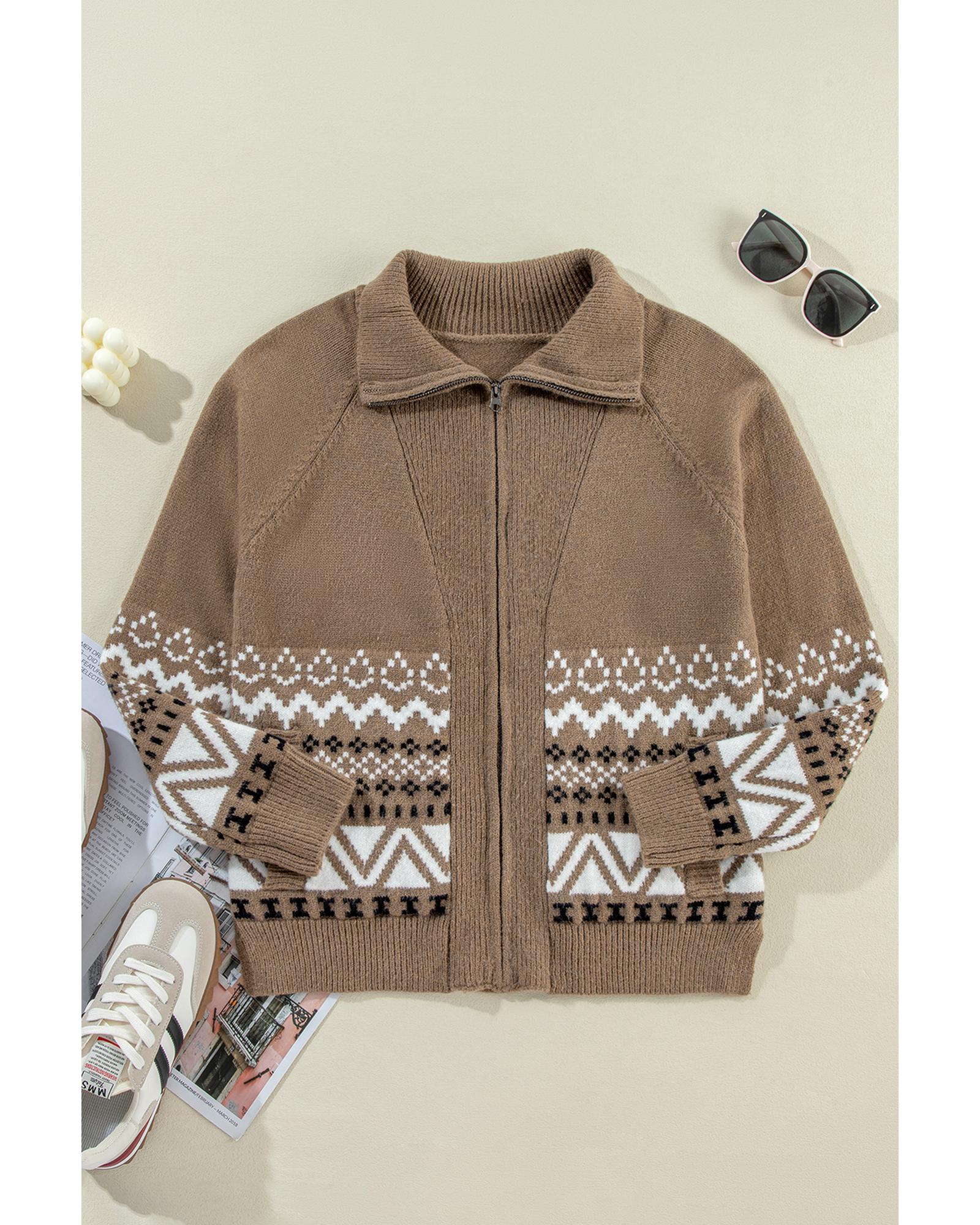 V539-AZEXDC2711750-P1720-M-202508281610-00 Brown Western Printed Ribbed Trim Collared Zip up Cardigan - M - Image 1