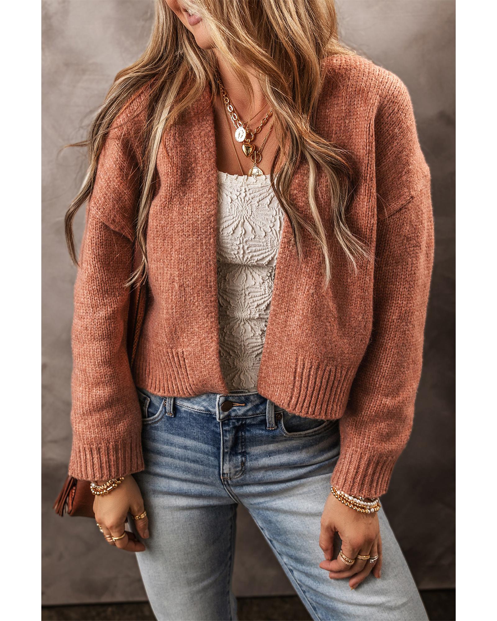 V539-AZEXDC2711767-P4016-XL-202508292250-00 Light French Beige Drop Shoulder Open Front Cropped Cardigan - XL - Image 1