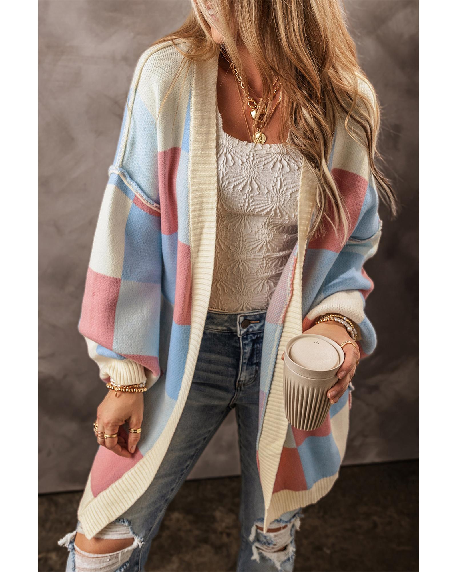 V539-AZEXDC2711769-P422-S-202506132112-00 Light Blue Checkered Drop Shoulder Exposed Seam Open Front Cardigan - S - Image 1