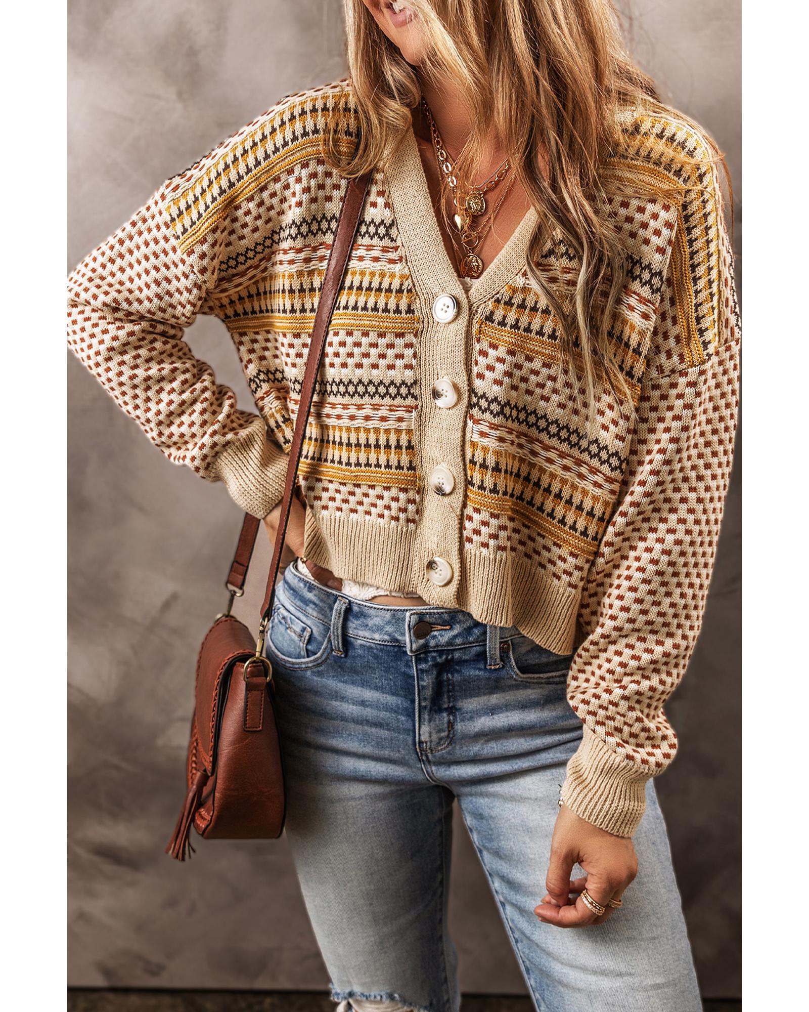 V539-AZEXDC2711770-P1622-XL-202508292315-00 Khaki Buttoned V Neck Cropped Cardigan - XL - Image 1